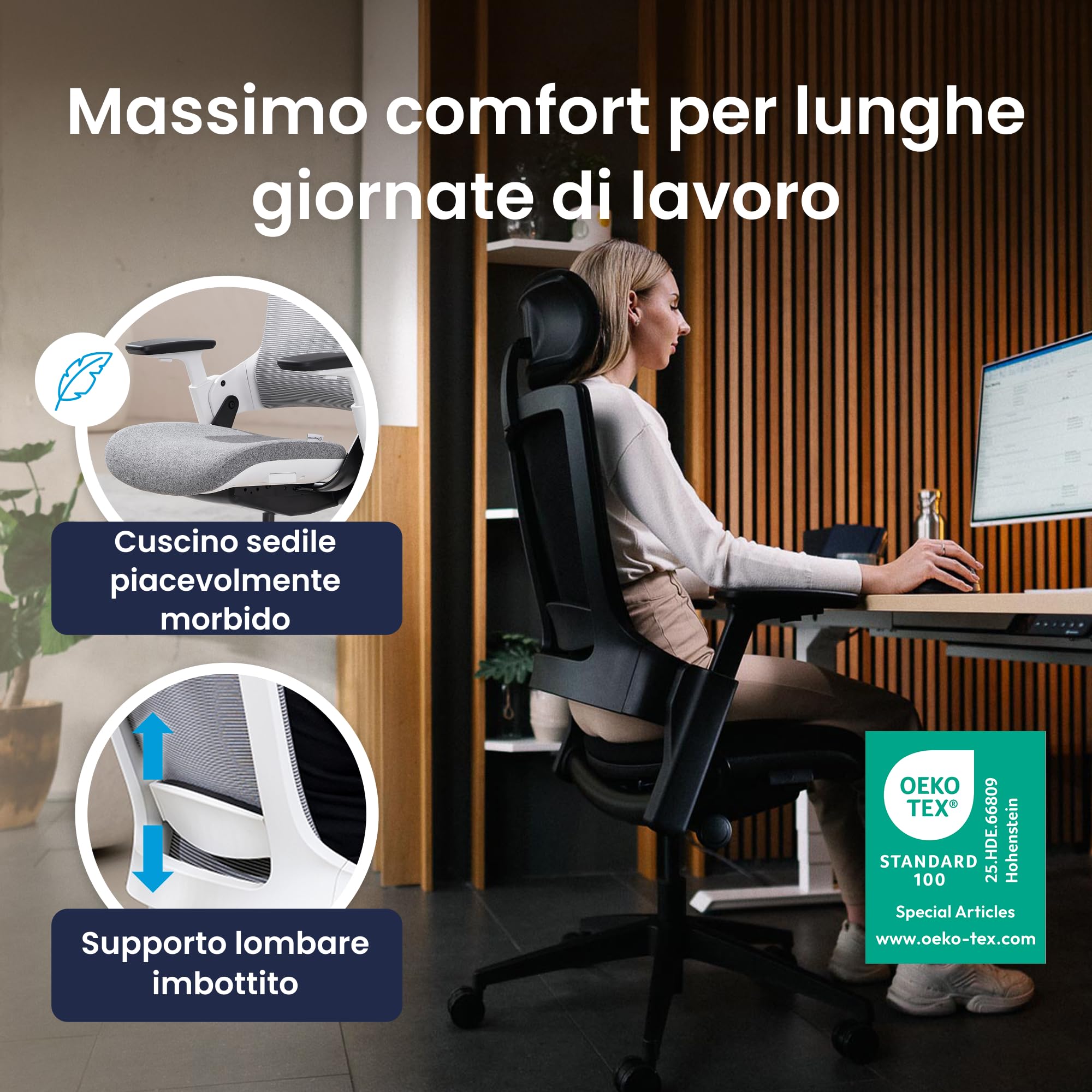 Ergotopia PureBack - Sedia Ergonomica Da Ufficio Con Poggiatesta Regolabile, Braccioli 4D E Meccanica Sincronizzata - Comoda E Traspirante