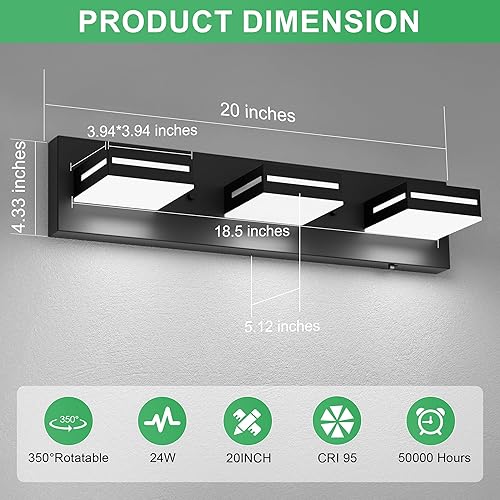 Miniatura 6 de Sailstar Lámpara LED moderna para tocador de baño, 5CCT 24W 3 luces de baño sobre espejo, luces de tocador acrílicas regulables con cabezales