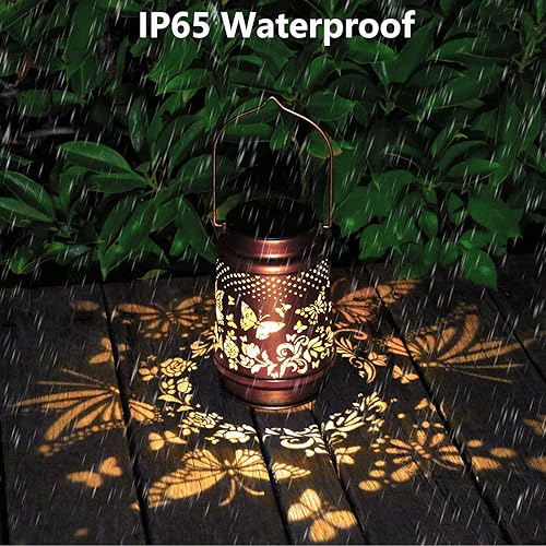 Miniatura 6 de Paquete de 2 faroles solares de mariposa para colgar al aire libre, impermeables, ahuecados, retro, de metal, decoración elegante para patio,