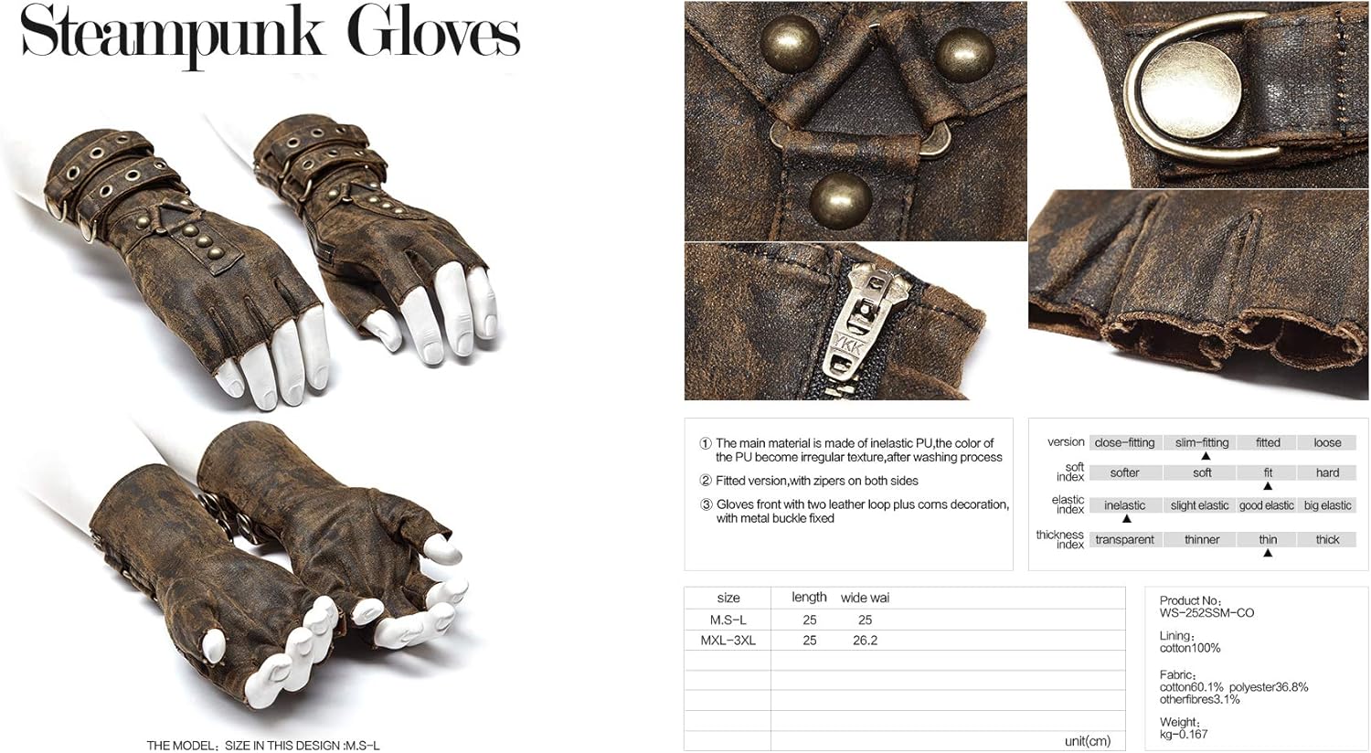 Punk Rave Steampunk Fingerless Gloves for Men Motorcycle Cotton Gloves Grey Coffee Driving Gloves
