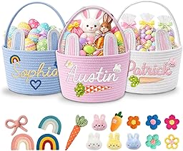 Personalized Easter Baskets, Custom Name & Icon Easter Basket with Cute Ears, Hand-Woven Easter Egg Hunt Bag, Customized Easter Gifts Decor for Boys Girls, Cotton Rope Tote Color01