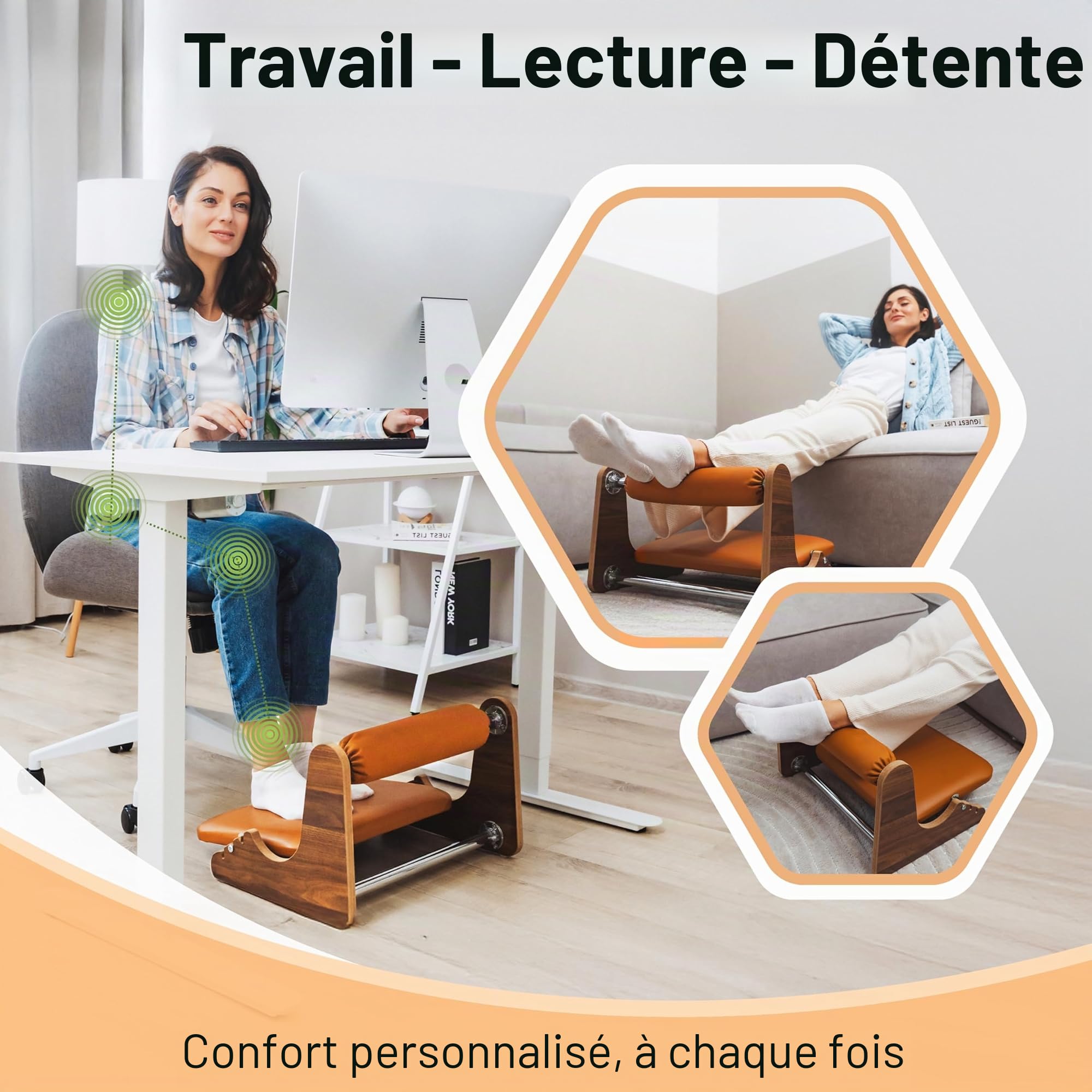Repose Pied Bureau Ergonomique – Support Cheville Unique 3 Hauteurs Réglables Revêtement Similicuir Élégant (MDF) Idéal pour Gaming & Bureau