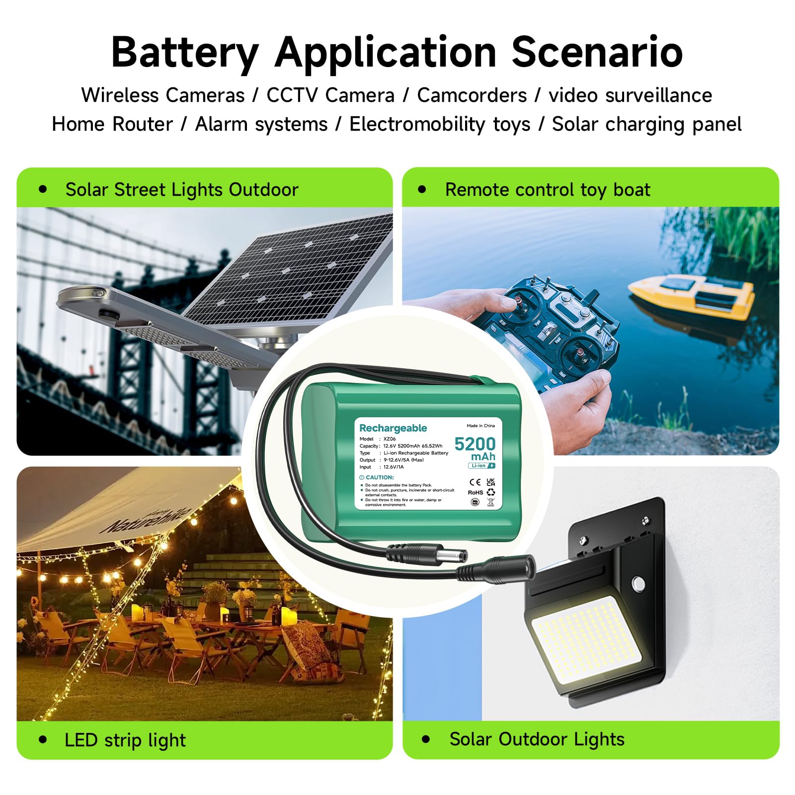 Batería Litio 12.6V 5200mAh, batería pequeña de 12V con Cargador y Adaptador Conector y línea conexión para Sonido, Dab Radio, iluminación bight, Faros, statespiano, Sonar
