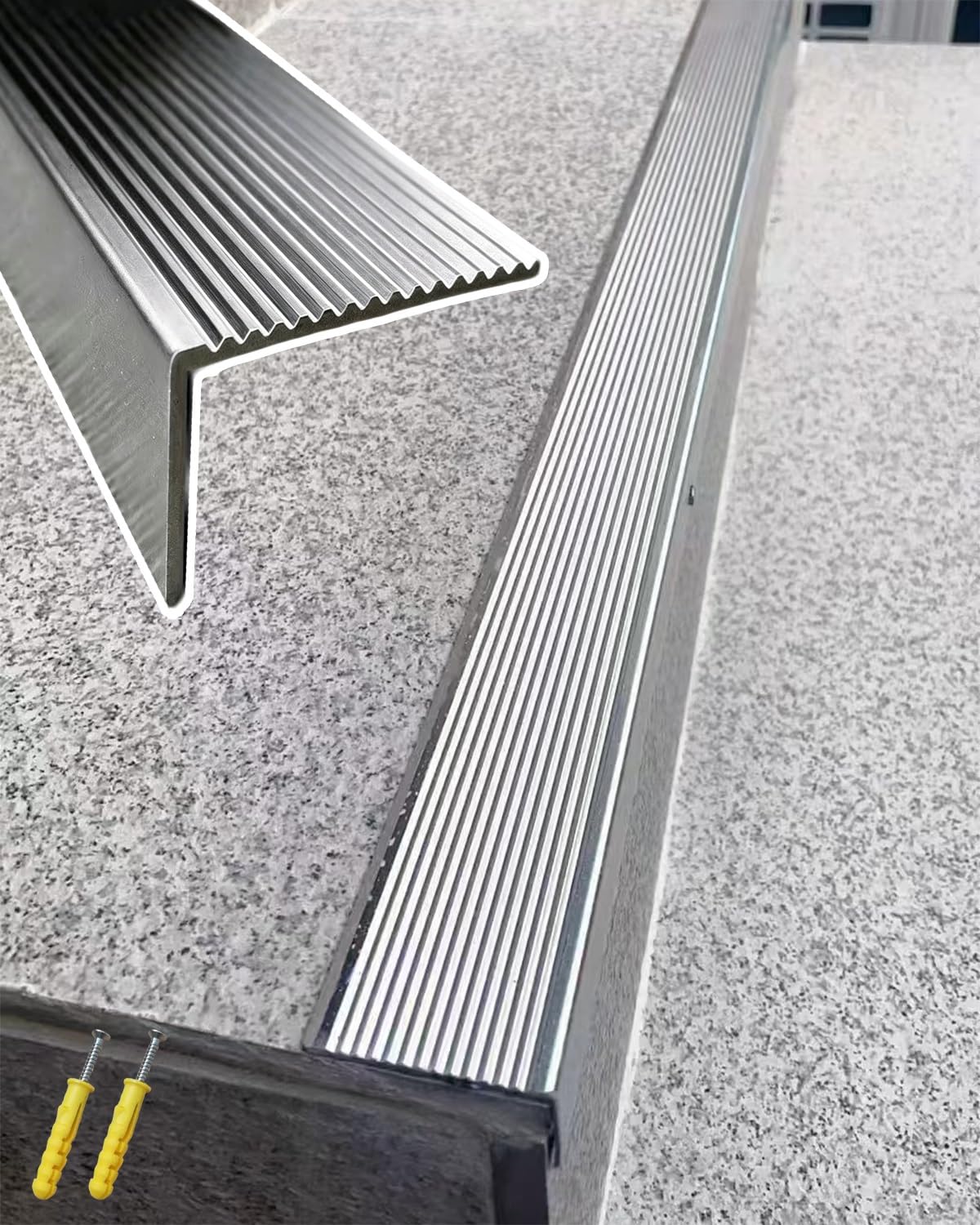 Genérico Perfil de umbral de Acero Inoxidable para remate de escaleras Exteriores, Perfil de Esquina Duradero con Tornillos, Perfil de transición Ancho para peldaños de baldosas laminadas (110 cm de