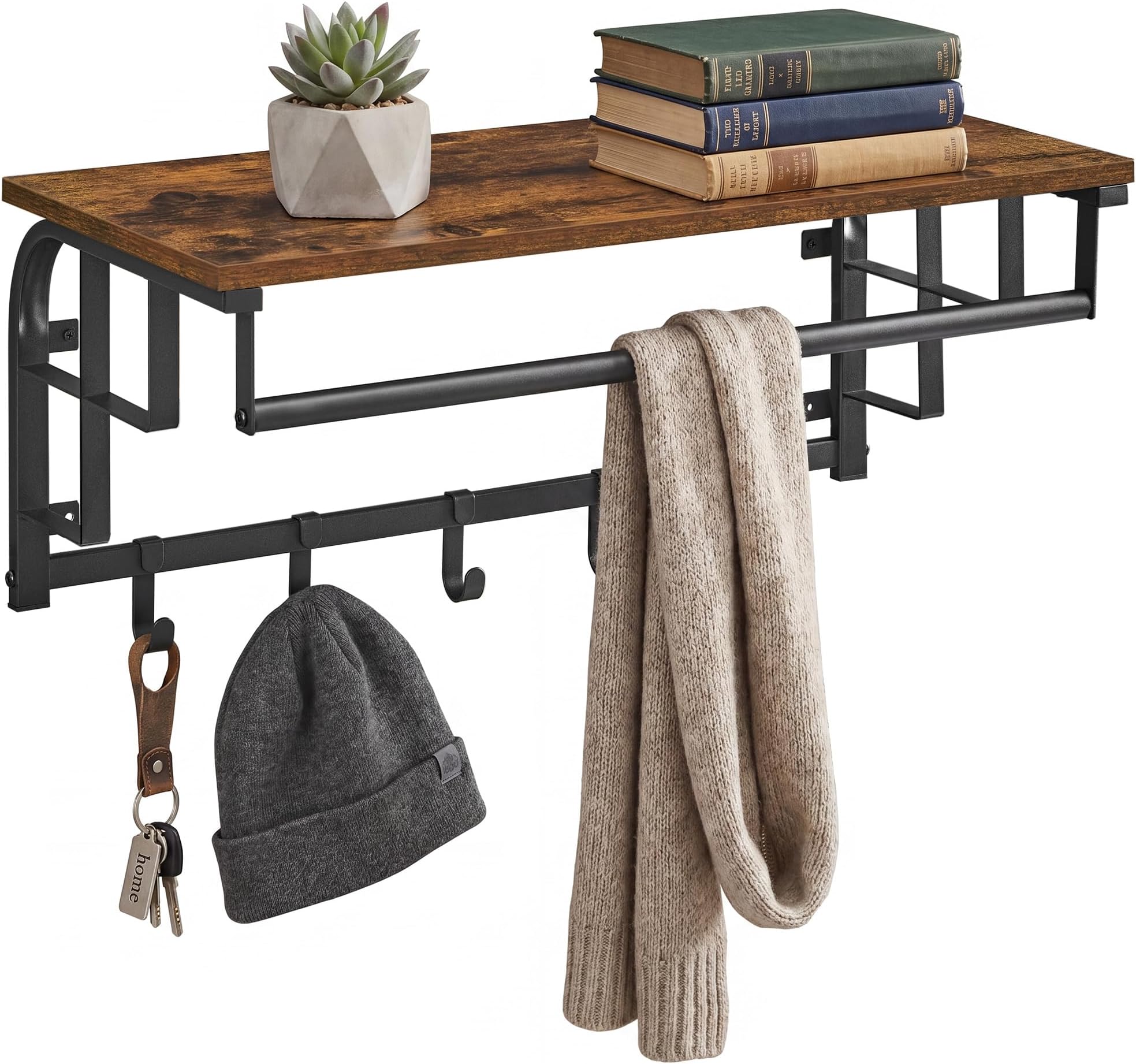 VASAGLE Coat Rack Wall-Mounted, Clothes Rail with 5 Removable Coat Hooks, Floating Shelf with Hanging Rail, for Hallway, Bedroom, Living Room, Rustic Brown and Black LCR12BX