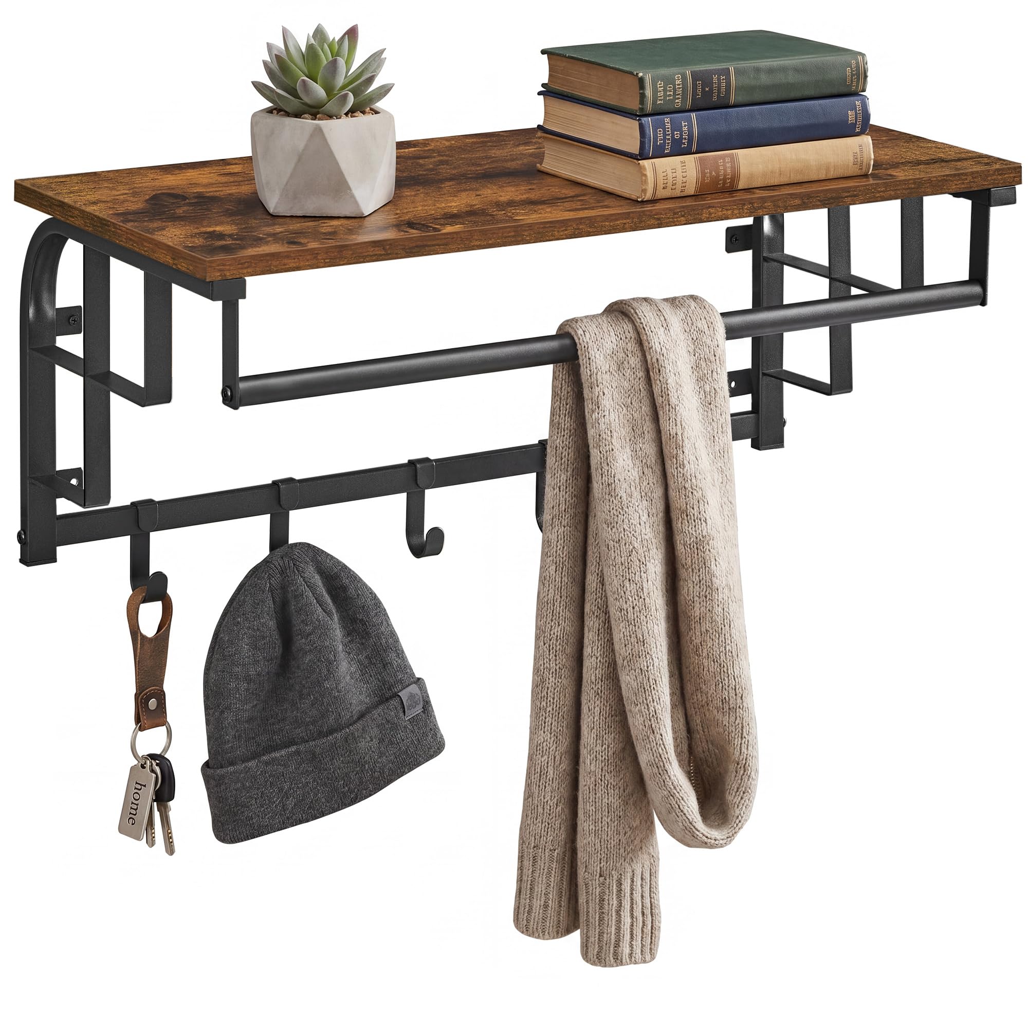 VASAGLE Coat Rack Wall-Mounted, Clothes Rail with 5 Removable Coat Hooks, Floating Shelf with Hanging Rail, for Hallway, Bedroom, Living Room, Rustic Brown and Black LCR12BX