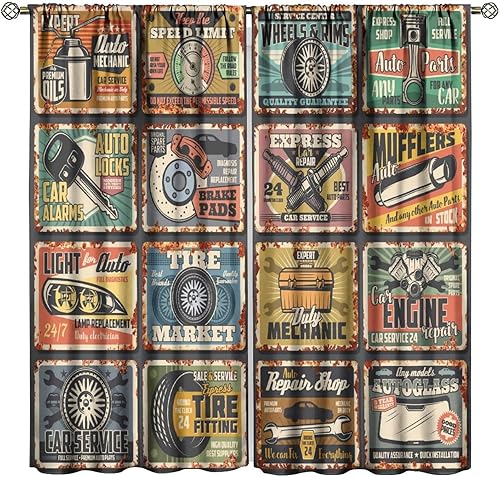 Cortinas retro para automóvil, diseño de ruta 66, diseño de retazos, patrón de retazos, cortinas opacas para decoración del hogar, para sala de