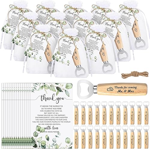 Miniatura 8 de Dandat 50 juegos de recuerdos de boda para invitados a granel, 50 abridor de botellas de cerveza, abrebotellas de madera, tarjetas de agradecimiento