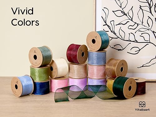 Miniatura 5 de Vitalizart Cinta de organza de 1.5 pulgadas x 30 yardas, color crema, blanco, oro rosa y verde polvoriento, cintas transparentes para envolver