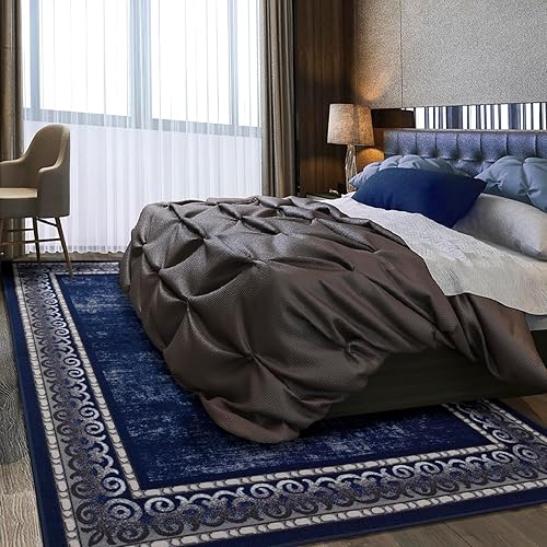 Miniatura 3 de Antep Rugs - Alfombras modernas con borde 5 x 7 antideslizantes (antideslizantes) de bajo perfil con respaldo de goma para interiores (Azul marino,