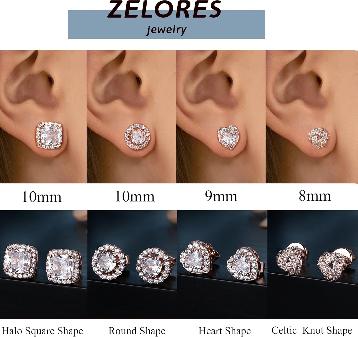 4 Pairs Sterling Silver CZ Stud Earrings for Women 14K Gold Plated Brilliant Celtic Heart Big Stud Earrings Set Cubic Zirconia Earrings Studs for Sensitive Ear - Image 5