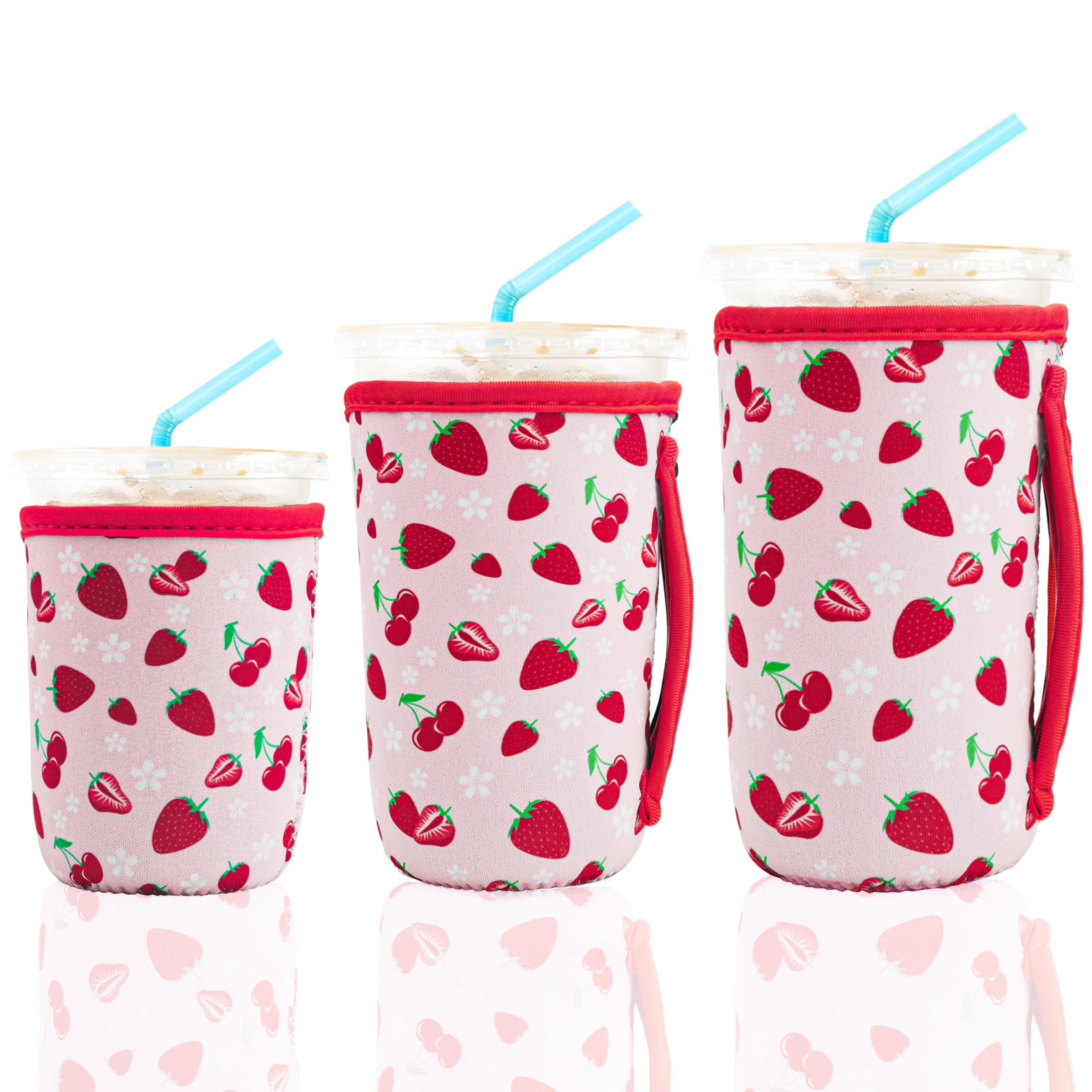 KJQJLY 3 Pack Reusable Iced Coffee Sleeves for Iced Coffee Cups or Drinks Reusable Neoprene Insulated Sleeves for Hot and Cold Drinks from Starbucks, Dunkin, And More (Strawberry)