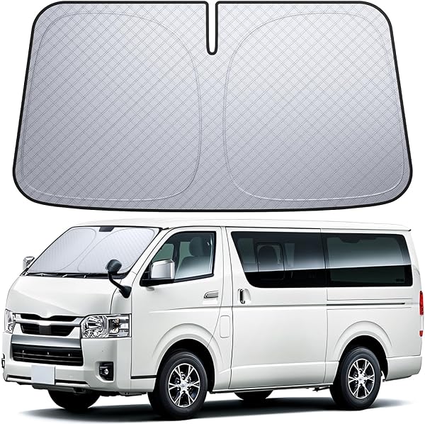 【6層断熱素材】 Lamicall トヨタ ハイエース 200系標準ボディ フロントガラス サンシェード: 車サンシェード 日除け 車 クルマ フロントサンシェード 車用 フロントガラス サンシェード 折り畳み式 カーシェード カー用品 遮光 遮熱 uvカット 紫外線遮蔽 さんしえーど 擦り傷防止 断熱素材 暑さ対策 頑丈 収納ポーチ付き - 1
