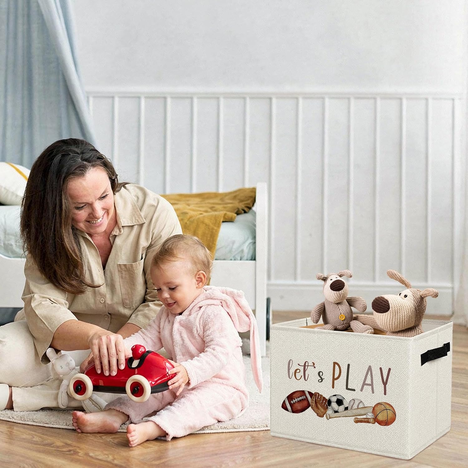 Sports Nursery Storage Bins with Handles, Let's Play Kids Playroom Foldable Collapsible Storage Basket Organizer for Kids Boys Room Bedroom Playroom Bathroom Books Clothes