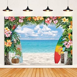 Summer Hawaiian Beach Backdrop Tropical Flowers Luau Photography Background Surfboard Blue Sky Ocean Palm Leaves Aloha Party Decorations Large Tiki Birthday Photo Booth Props