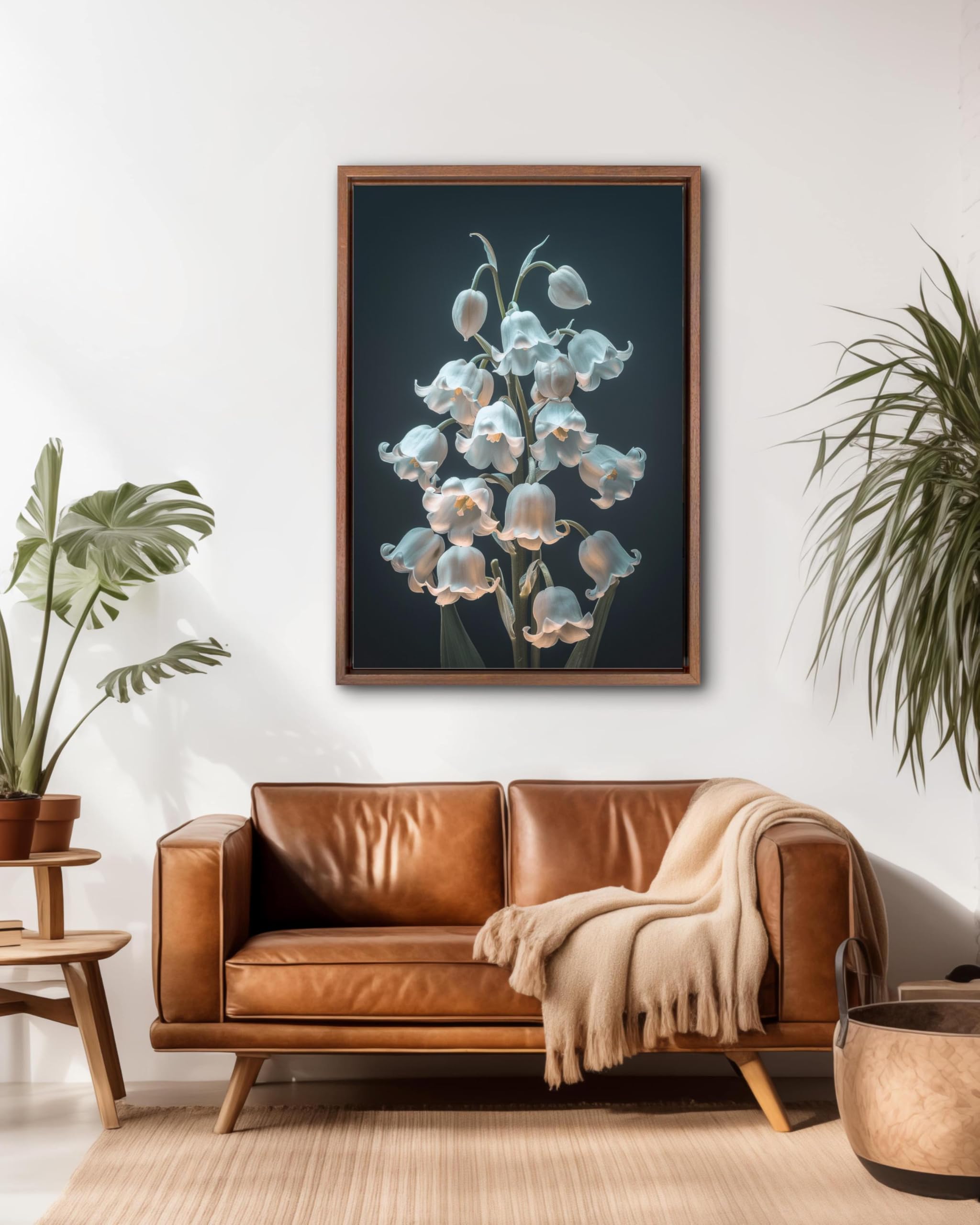 Tongyinli Frameless Lily Of The Valley Canvas Art, White Bell Flowers Posters, Black Background Painting, Luxury Botanical Wall Art(70X110cm/Frameless)