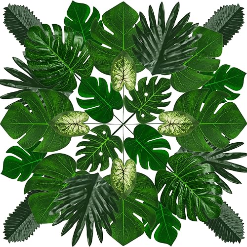 PietyPet 50 piezas de 7 tipos de decoraciones tropicales para fiestas tropicales, hojas de safari de hojas de Monstera de la selva, hojas de palma