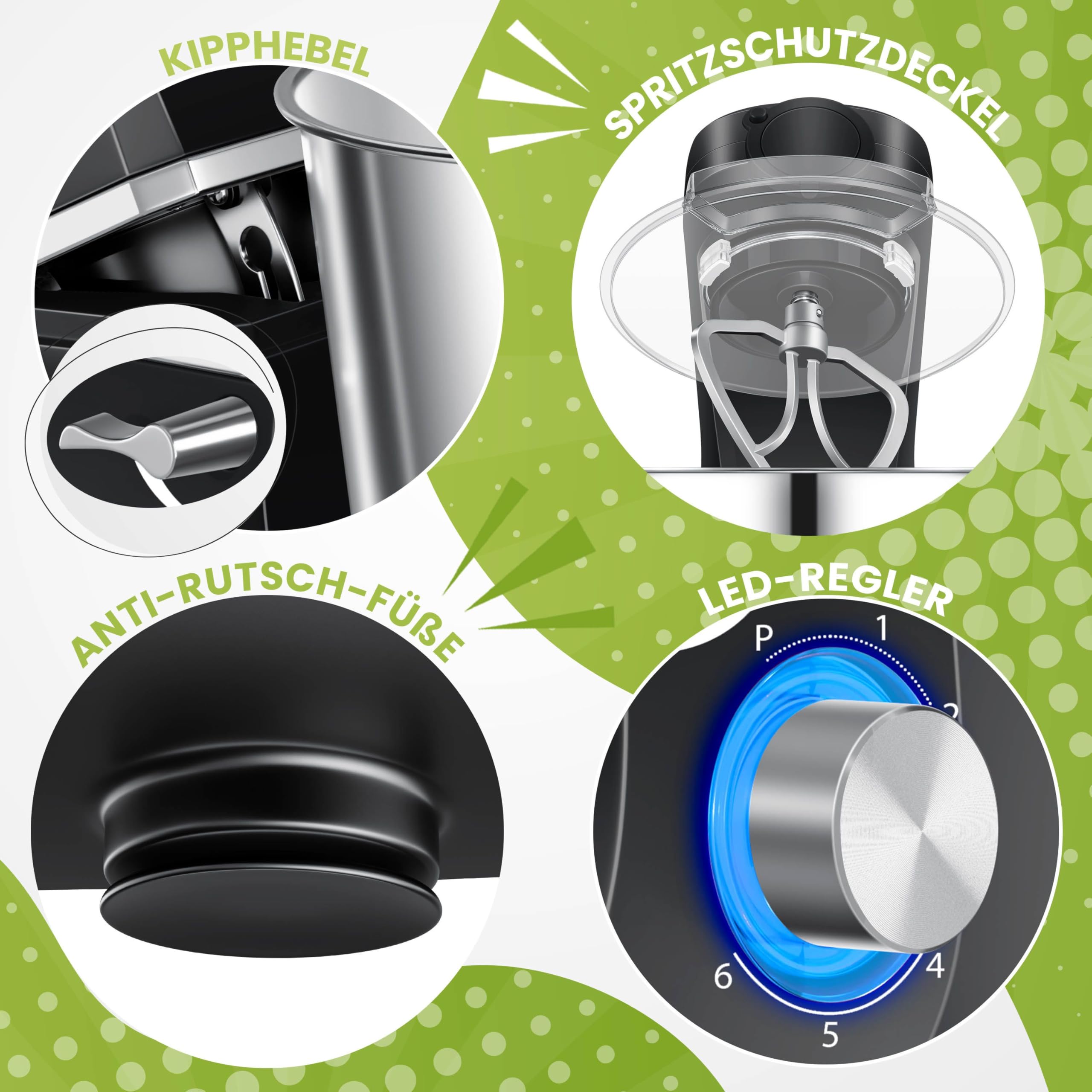 KESSER® Küchenmaschine 3in1 mit Fleischwolf & Mixer, 1500W Knetmaschine 5,5L Rührschüssel + Spritzschutz, 6 Geschwindigkeiten, Knethaken, Schneebesen, Rührhaken & Raspeln, Backen & Kochen, Schwarz