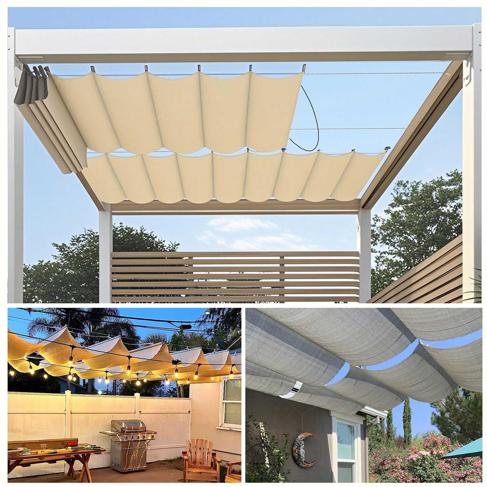 Pergola-Abdeckung Sonnensegel, mit Aluminiumstange, Einziehbare Markise Sonnenschutz Terrassen-Pergola-Set für Terrasse, Gartenhaus, Wellenförmiges Sonnensegel,Beige,123cmx1100cm