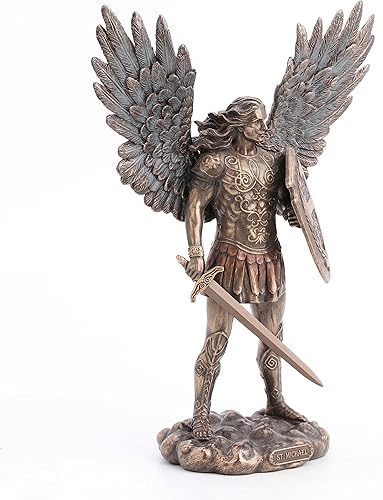 Miniatura 2 de Veronese Design Arcángel de San Miguel de 11 pulgadas con escudo de batalla y espada de resina fundida en frío acabado de bronce envejecido estatua