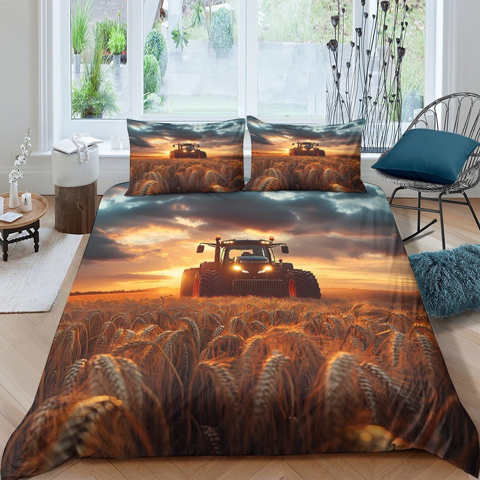 Ctjqhvkz Style-3 3D Printed Sunset Tractor Fitted Sheet Microfiber Wheat Field Bed Cover For Bedroom Guest Room Decor Single（135X200cm）