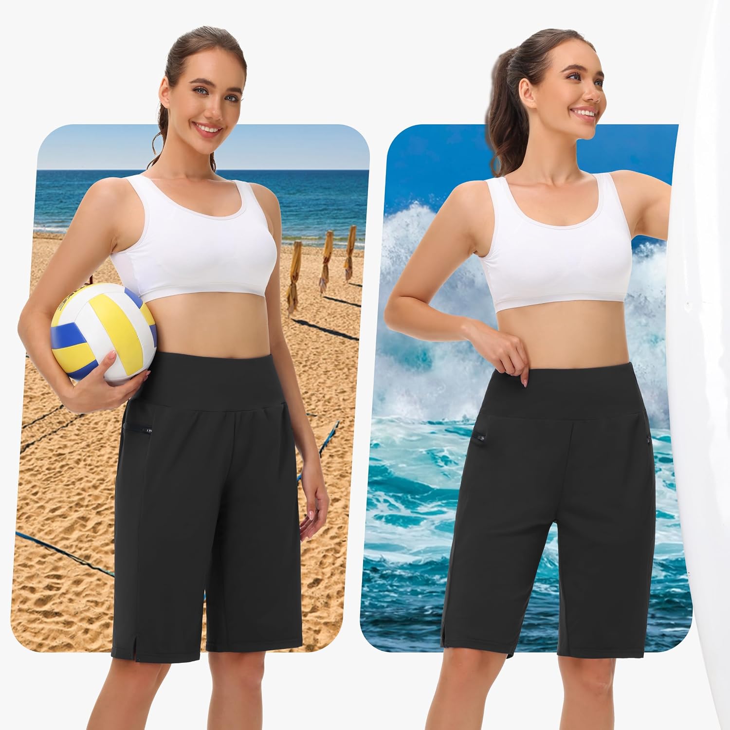 MIVEI Women's 11" Long Swim Board Shorts - High Waisted Quick Dry Beach Swimming Shorts with Zipper Pocket Liner UPF50+