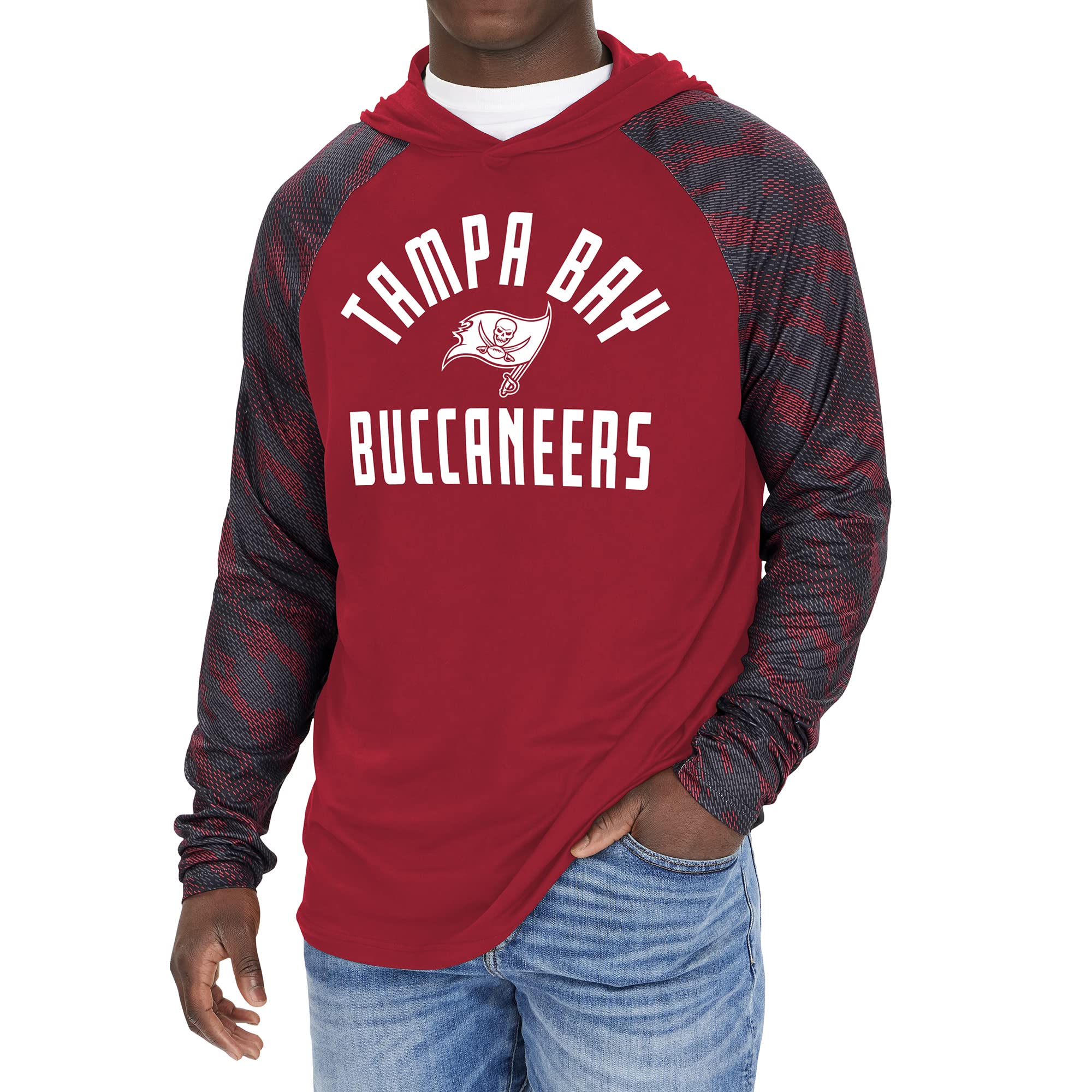 Zubaz Men's NFL Team Color Hooded Long Sleeve Shirt with Viper Print Sleeves, Tampa Bay Buccaneers, Medium