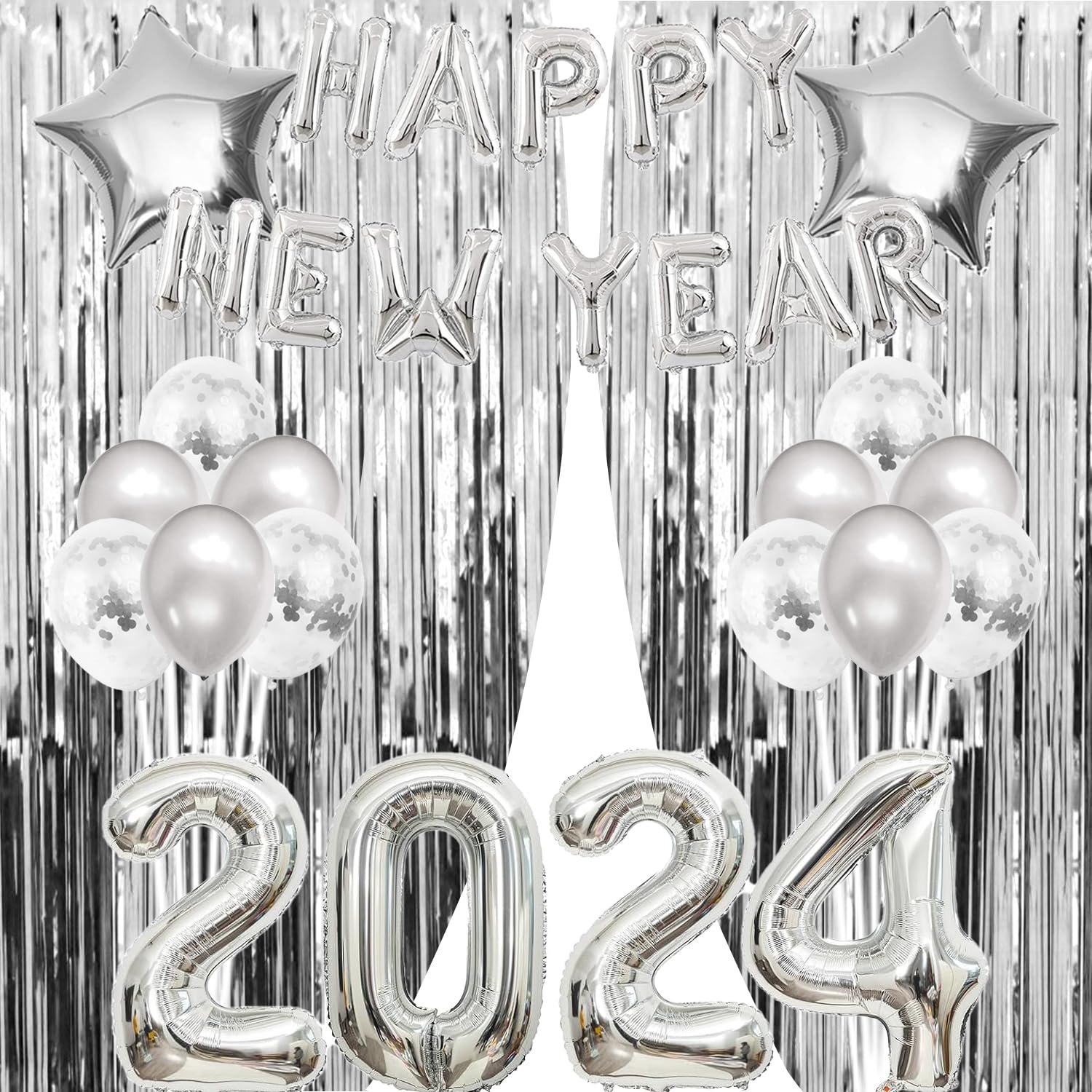 New Year Eve Decorations 2024 Silver, Happy New Year Balloons 2024 Foil Balloons Silver Fringe Curtains Latex Balloons for New Year Party Decorations 2024