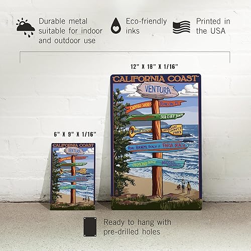 Miniatura 5 de Lantern Press Letrero de metal de 12 x 18 pulgadas, Ventura, California, letrero de destinos