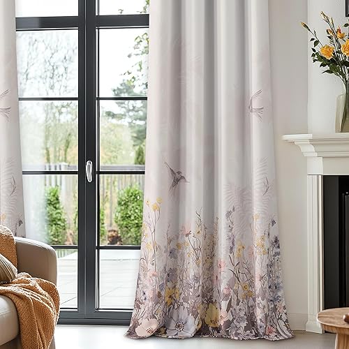 Miniatura 3 de NICETOWN - Cortinas opacas florales en tonos pastel, con estampado de flores silvestres y aves, cortinas rústicas con aislamiento térmico y ojales,