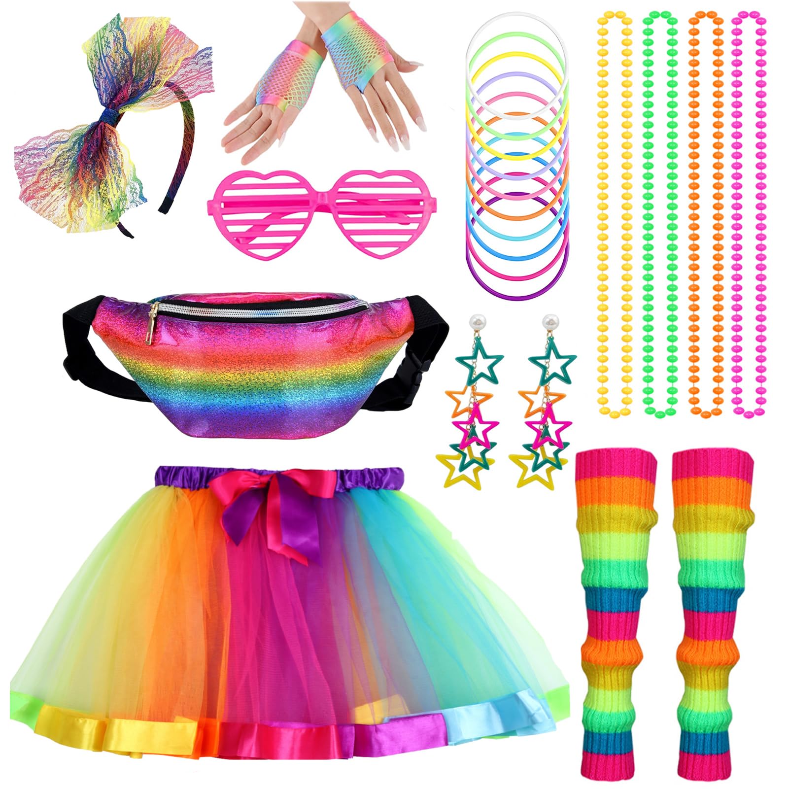Aleshime 80s Fancy Dress Costumes Accessories for Women Girls, 1980s Fancy Party Costume Accessories Set Kits, Tutu Skirt Waist Bag Leg Warmers Necklaces Bracelet Fishnet Gloves Headband Earrings