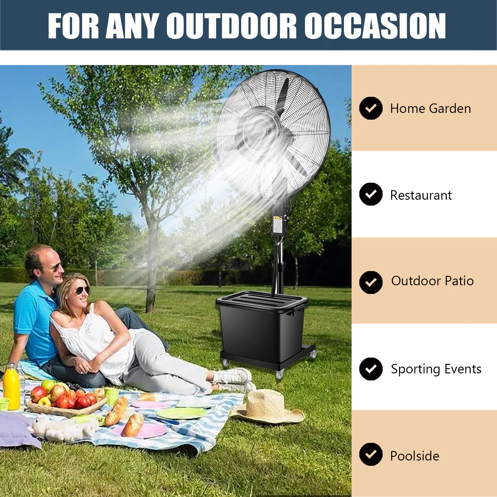 Ventilador nebulizador para Exteriores, Impermeable, con Altura Ajustable y oscilante de 90°, Ideal para gimnasios y garajes. Solución de refrigeración climas cálidos.