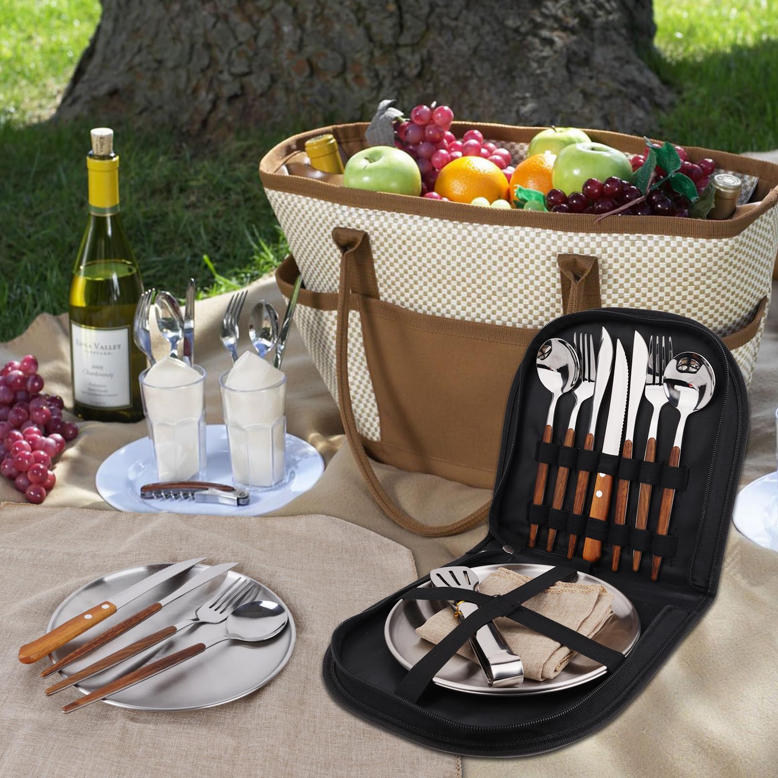 Set de vaisselle de camping pour 2 personnes, 12 pièces, en acier inoxydable, couverts de pique-nique, poches de couverts portables, manches à rayures en bois, nappe de table à manger