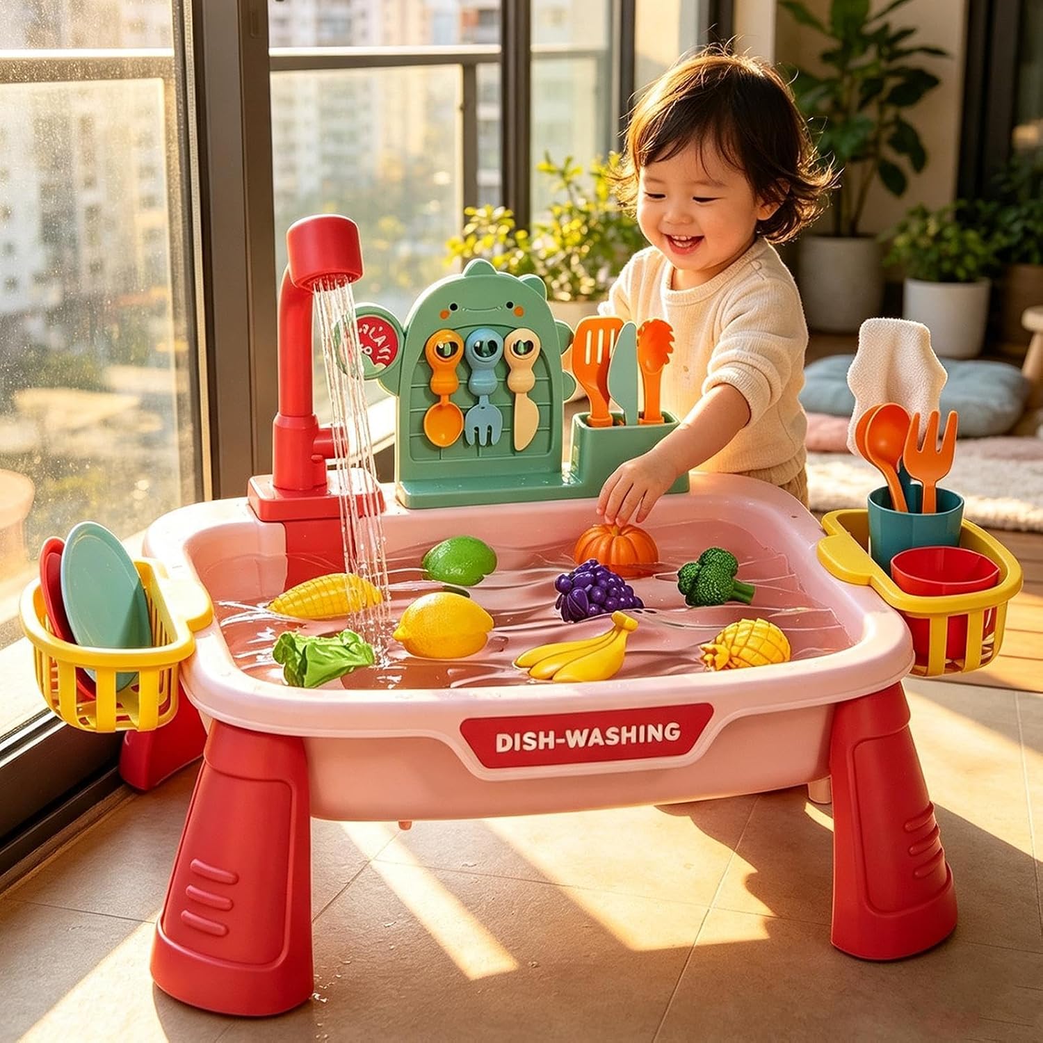 Kids Sink With Running Water Interactive Electrical Faucet Play Kitchen Interaktywne wzornictwo 21 26 x 11 41 x 20 86 cm do kuchni łazienki patio podwórka ogrodu przedszkola