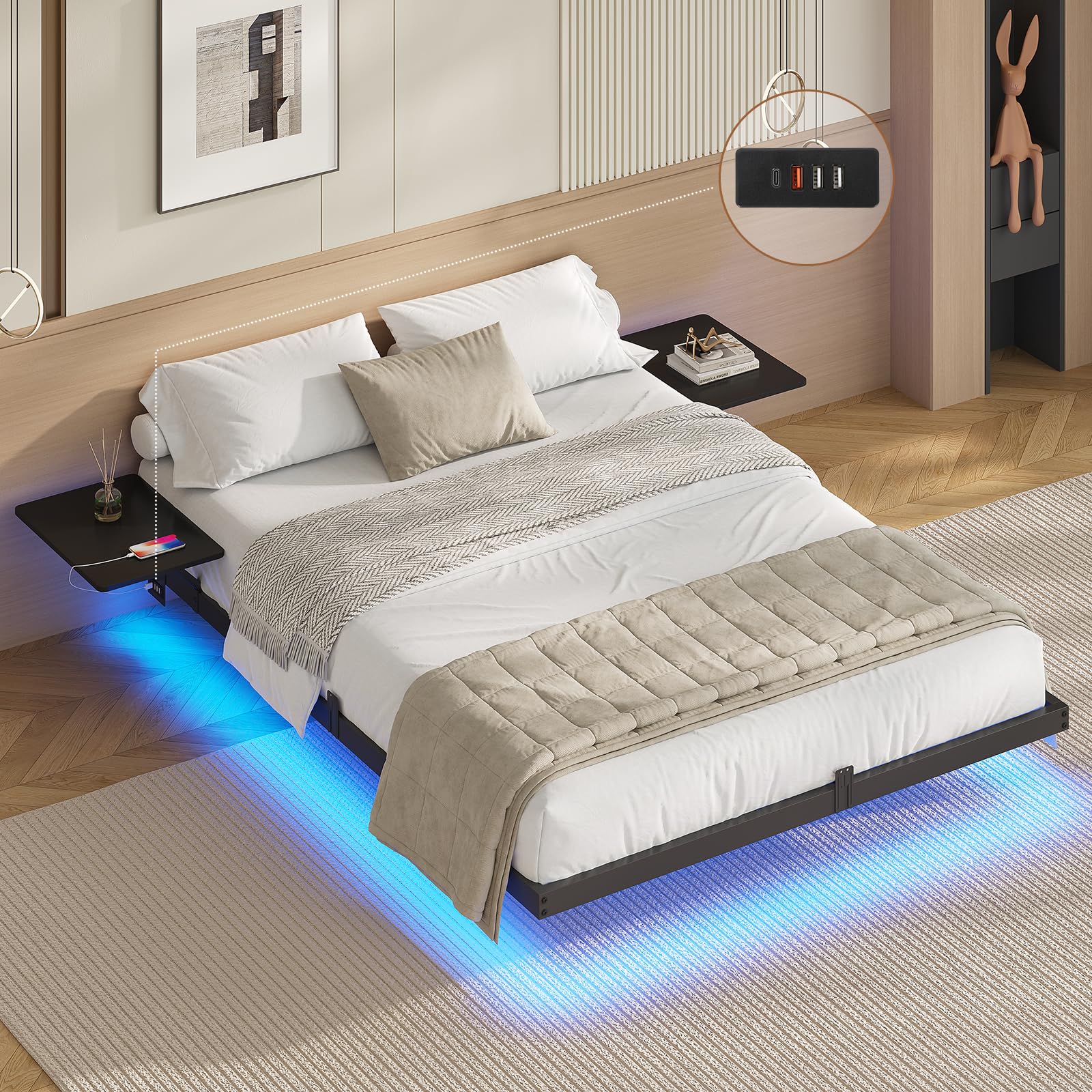 AOGLLATI Bettgestell Bett aus Metall mit LED Beleuchtung und Ladestation Schwebender Bettrahmen mit Aufbewahrungsregalen Metallbett mit Lattenrost Schwarz (Ohne Matratze)