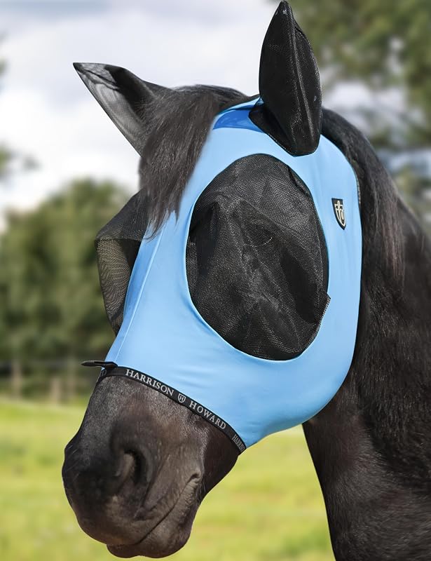 Máscara contra Moscas para Cavalos Harrison Howard com Abertura para Topete, Malha Respirável e Proteção UV Ice Blue M
