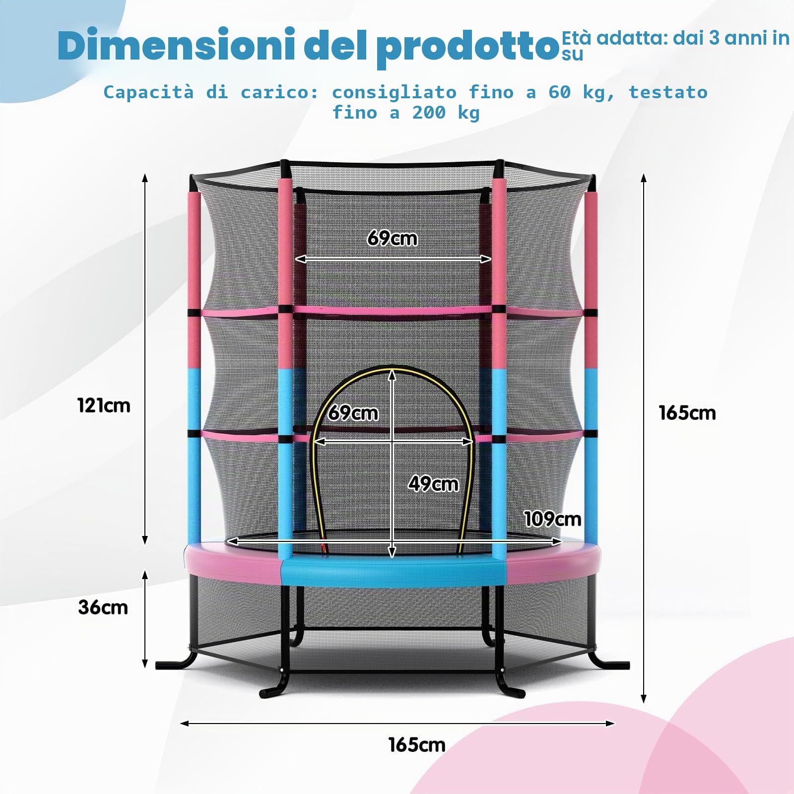 FANTASK Trampolino con rete di sicurezza, trampolino da giardino fino a 135 kg, diametro 165 cm, per interni ed esterni, per bambini dai 3 anni in su