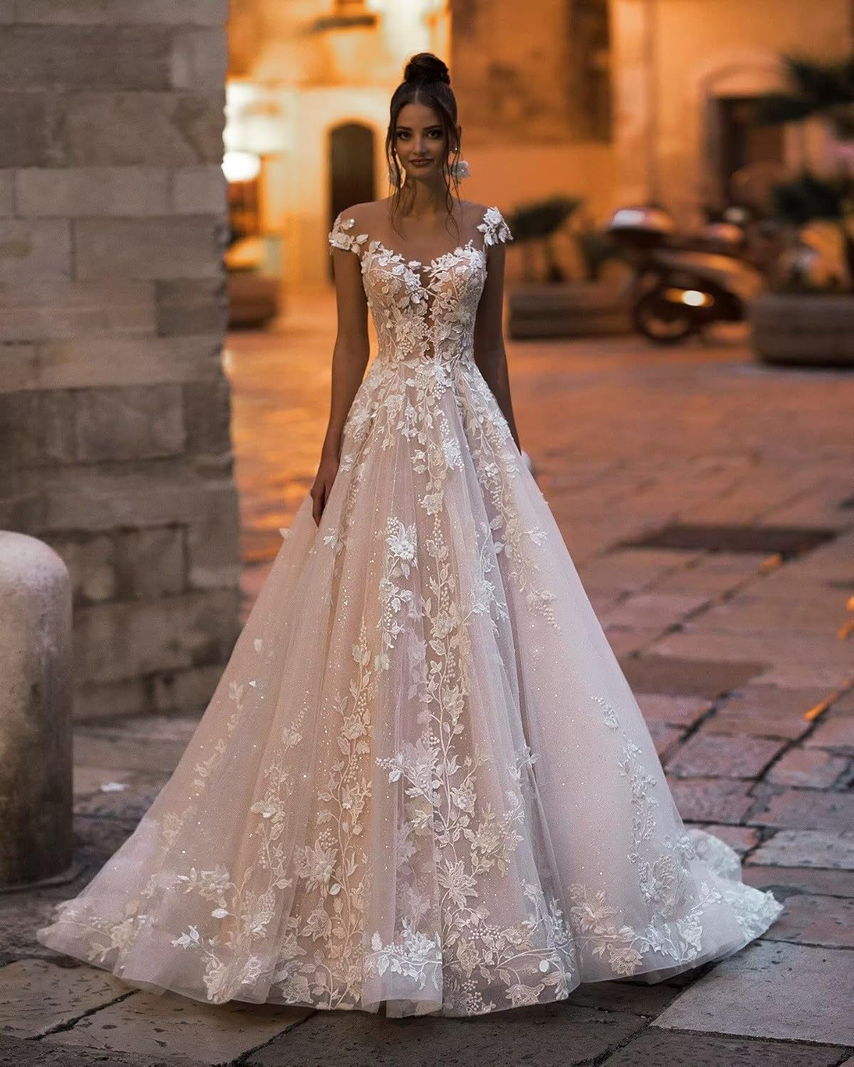 Women's Lace Tiny Florals Boho Wedding Dresses for Bride Corset A-Line Tulle Evening Formal Gowns