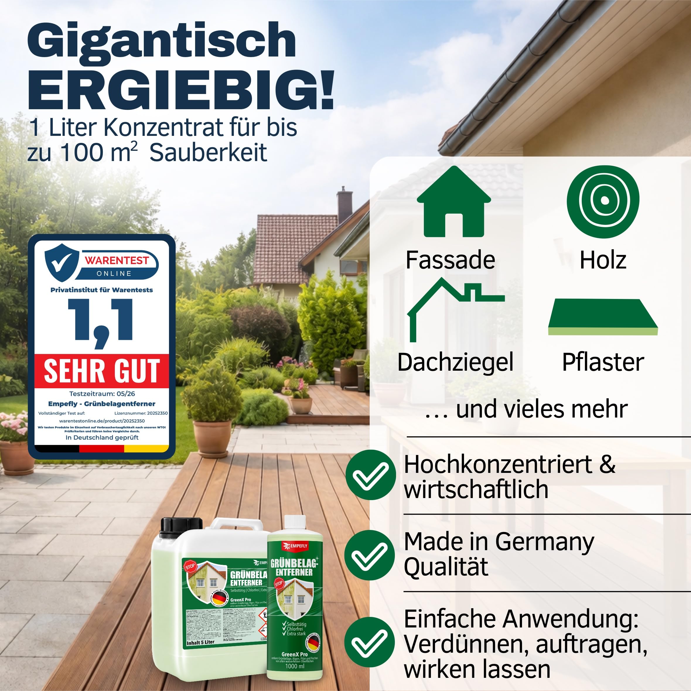 GreenX Pro Grünbelagentferner Konzentrat 2er Pack (2 × 1 L), selbsttätig gegen Grünbelag, Algen & Pilze ohne Schrubben – für Terrasse, Fassade, Dachziegel und Stein – chlor & säurefrei