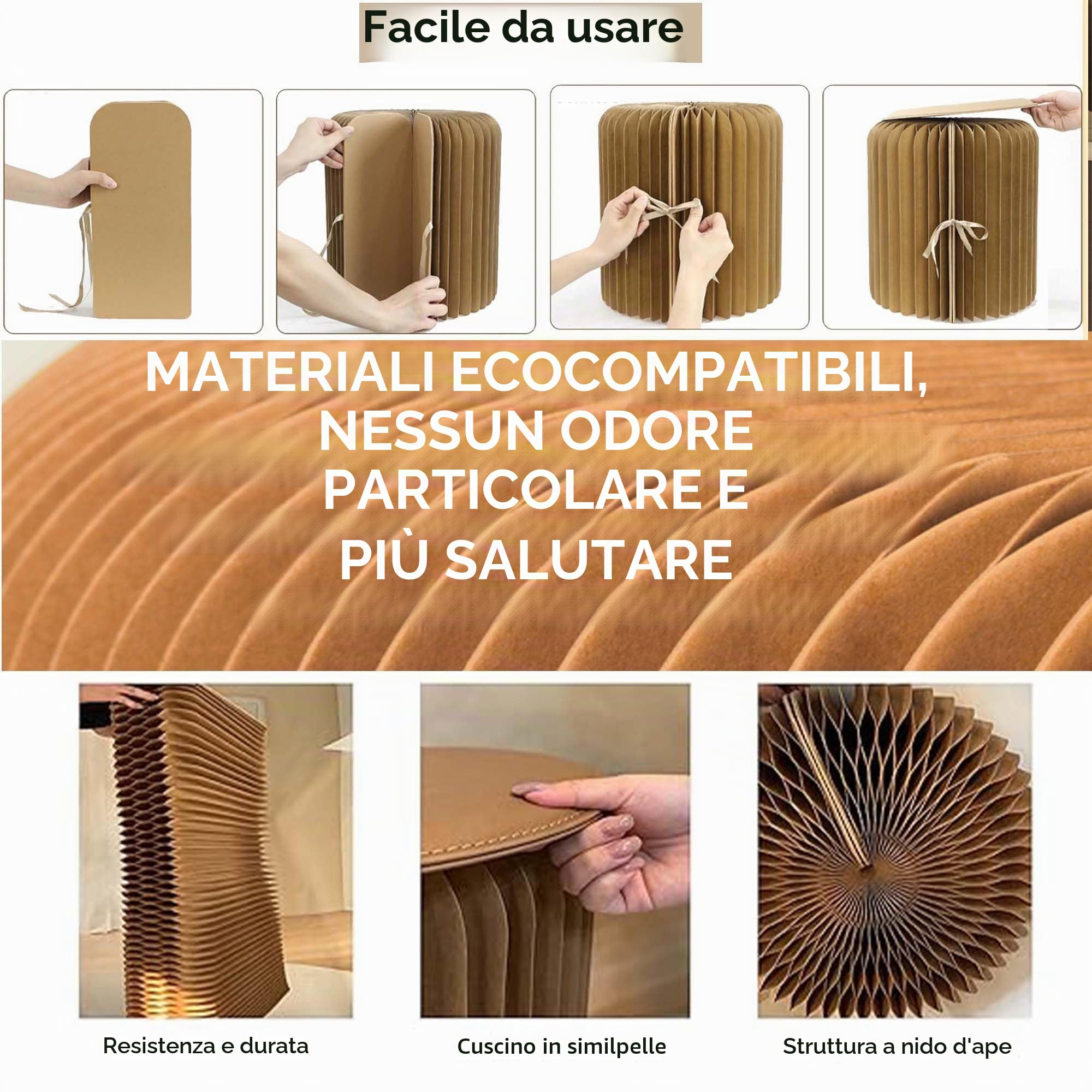 Sgabello pieghevole BOLGTO, rotondo 2 in 1, tavolino moderno, carta kraft, multifunzione, per scuola, soggiorno, decorazione