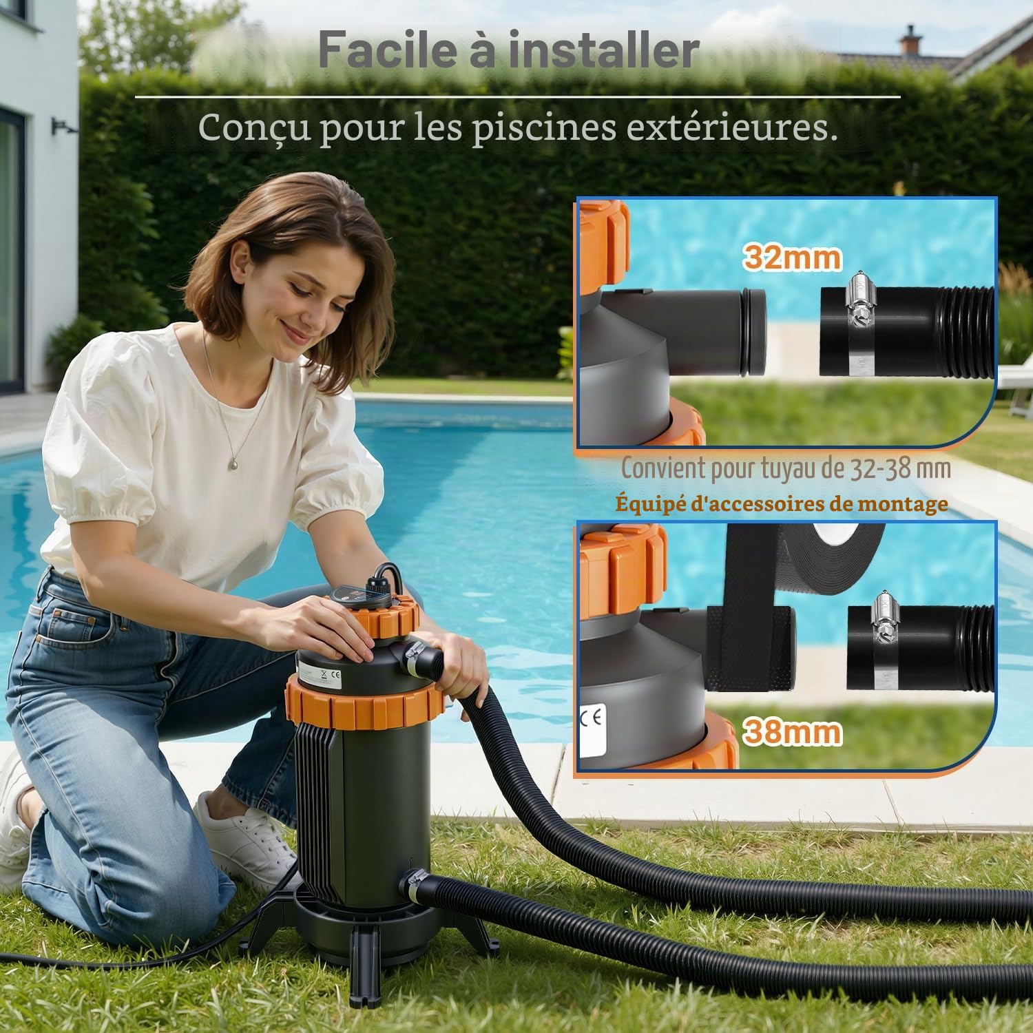 Daromigo Chauffage électrique de piscine 3 kW, Ø 17 x 42 cm, chauffage de piscine électrique, avec numérique, protection contre les fuites, anti-basculement, ignifuge, chauffage jusqu'à 45 °C