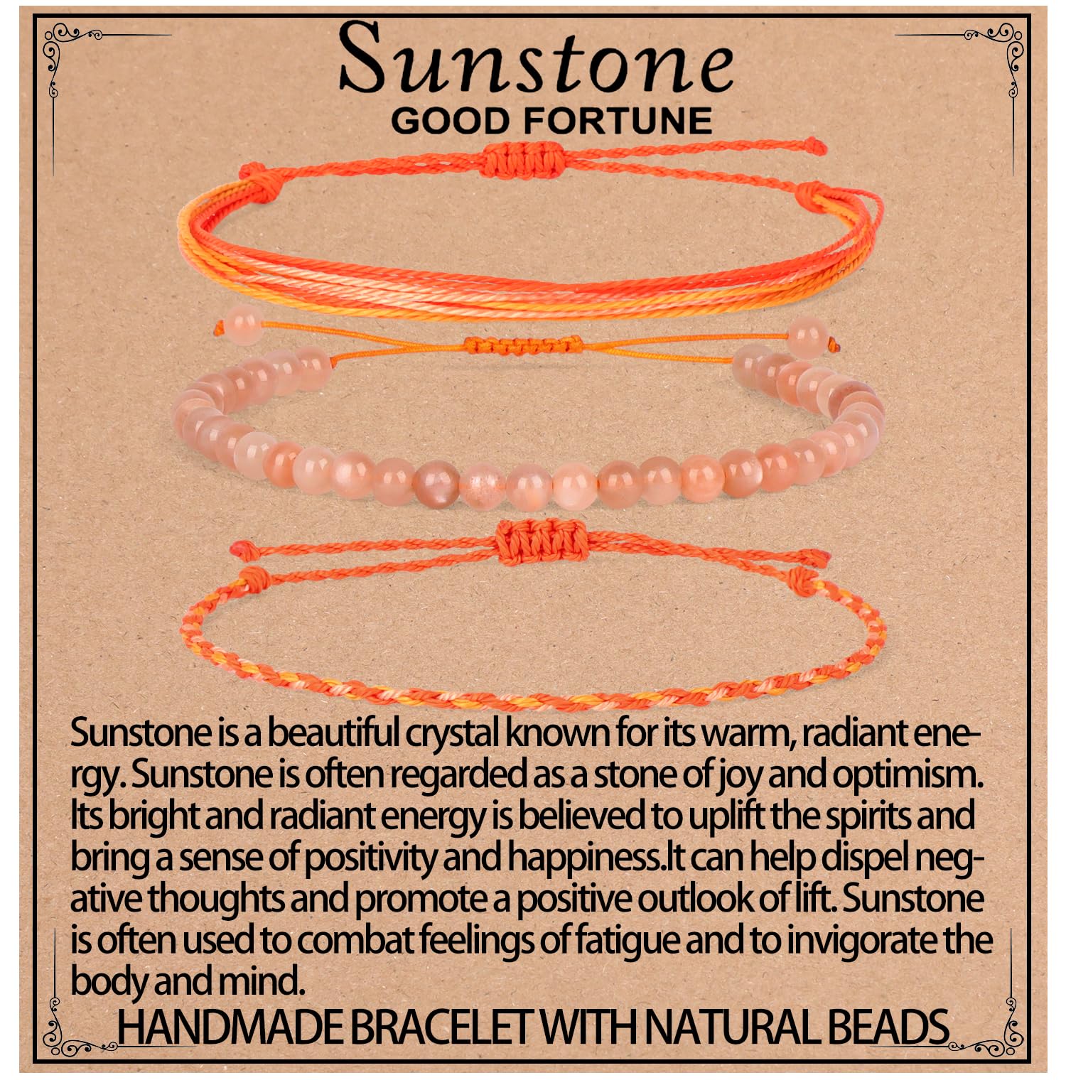 QOGIRQOGIR Handmade Healing Bracelets,4mm Natural Sunstone Gem Stone Beads Bracelet for Men Women Gifts with 2PCS Size Adjustable Rope Bracelets