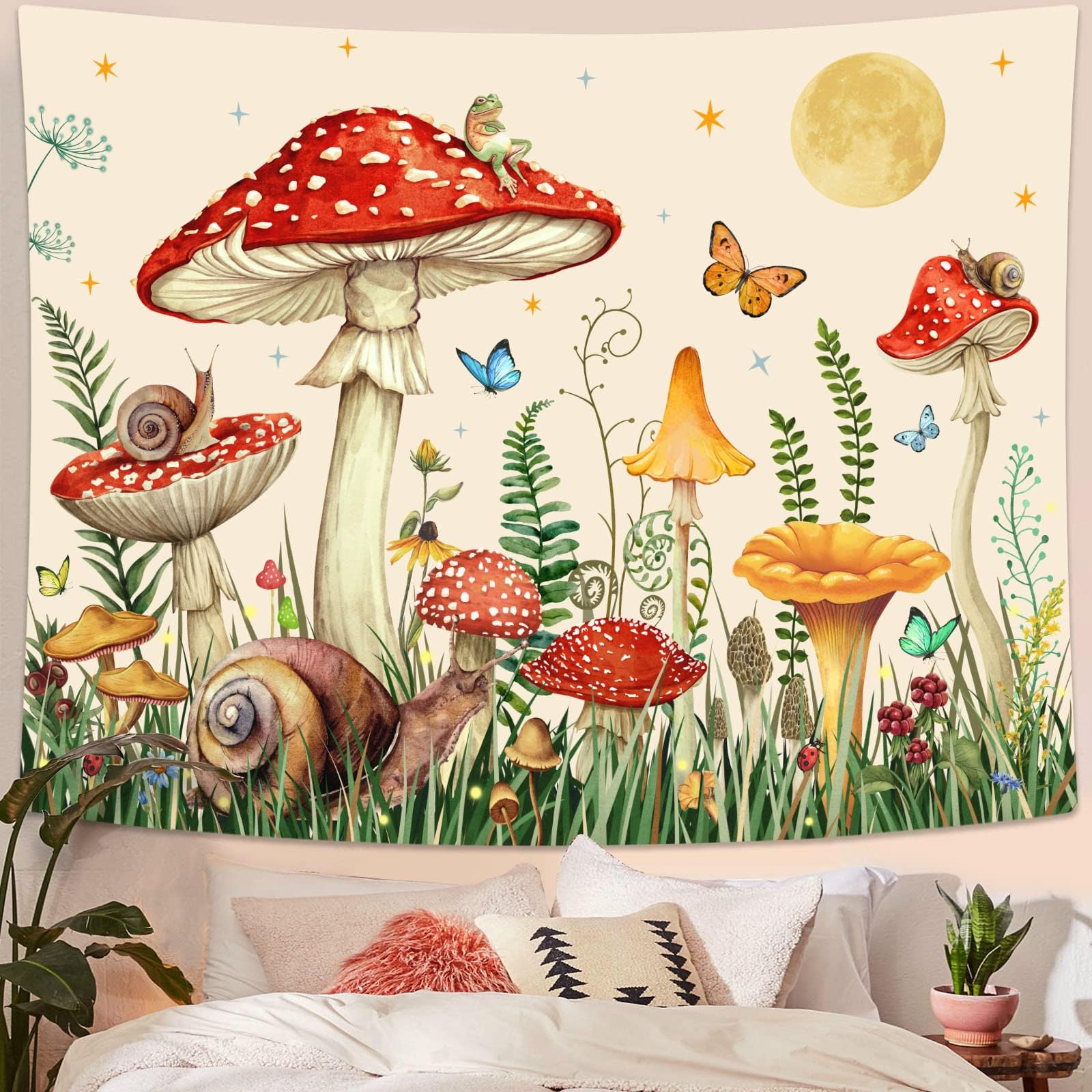Zussun Red Mushroom Tapestry Moon Star Tapestries for Bedroom Aesthetic Beige Starry Night Green Plant Tapastrys Wall Hanging Butterfly Snail Frog Wall Tapestry for Living Room Dorm (Beige, 48" x 36")