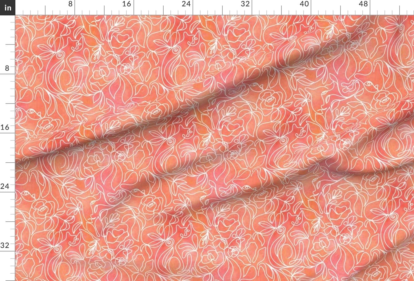 Spoonflower Fabric - Tie Dye Floral Floral Romance Line Drawing Watercolor Coral Art Orange Printed on Upholstery Velvet Fabric by The Yard - Upholstery Home Decor Bottomweight Apparel