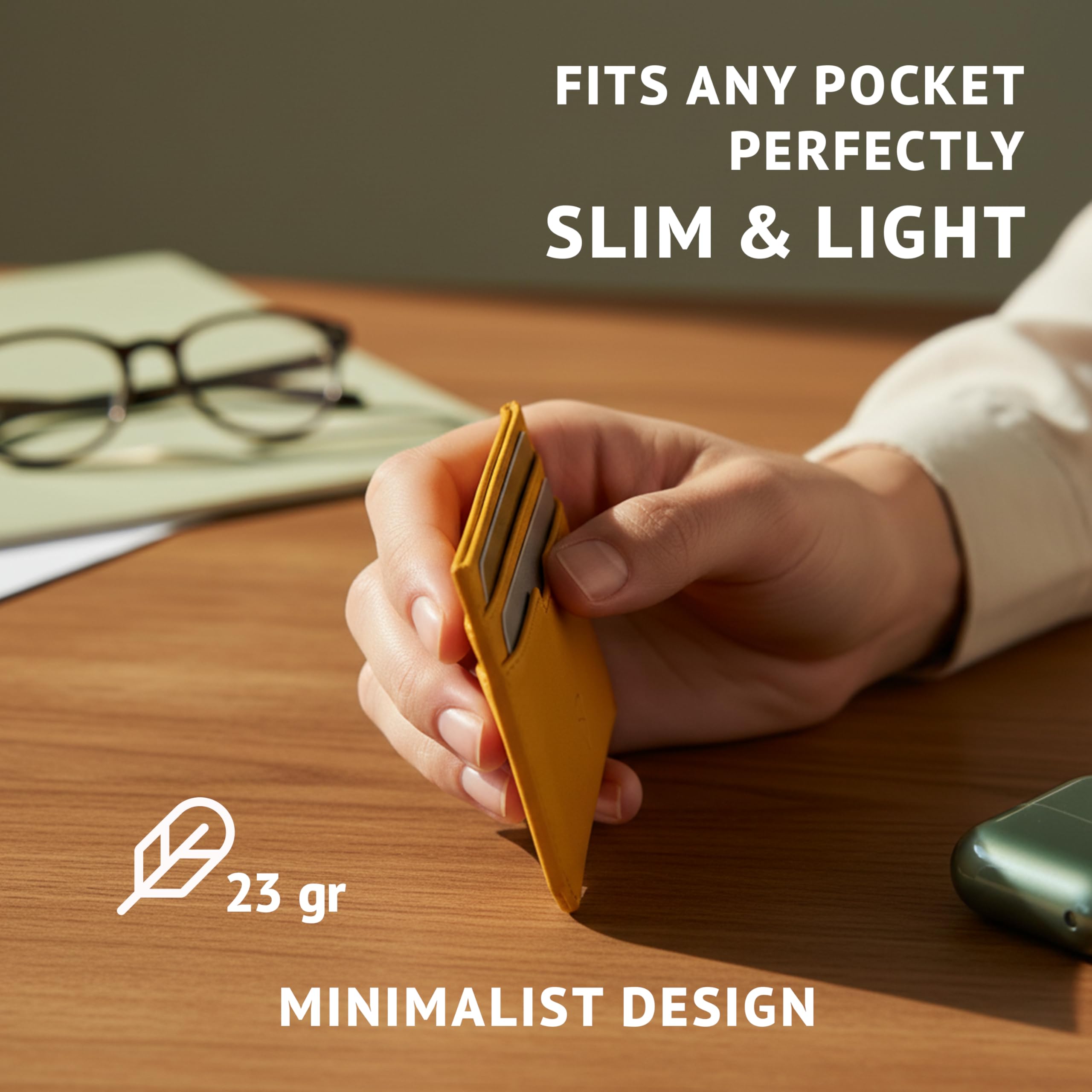 Vaultskin MOORGATE Smukłe skórzane etui na karty z ochroną RFID, Żółty | Minimalistyczne etui dla kobiet i mężczyzn, 5 przegródek na karty, dokument i gotówkę, naturalna skóra bydlęca.
