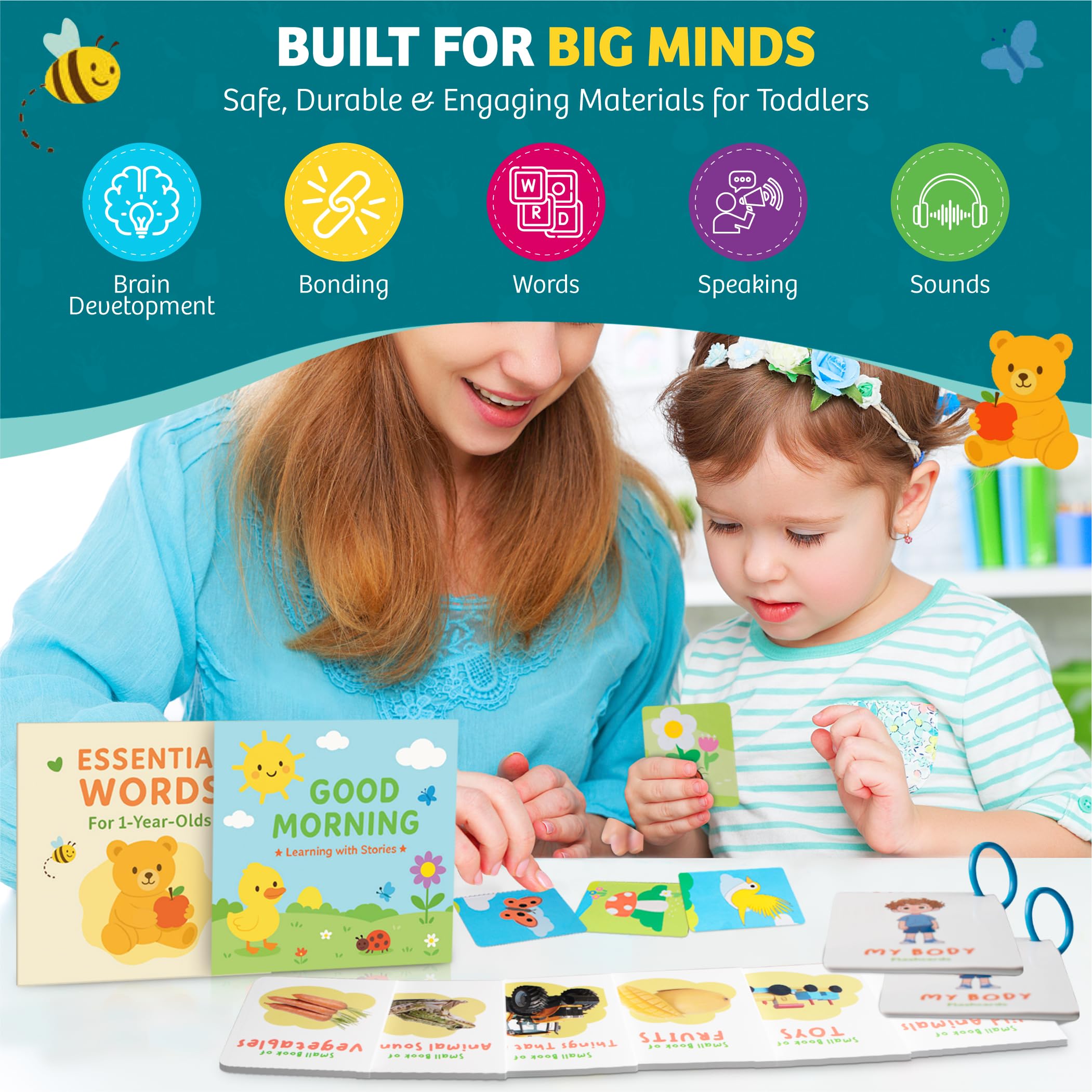EDUKIDS Little Learners Box – Caja Montessori Educativa 1–3 Años con Libros, Flashcards en Inglés, Tablero de Actividades | Juguete Educativo de Lenguaje y Vocabulario | Regalo Bebé Niño Niña