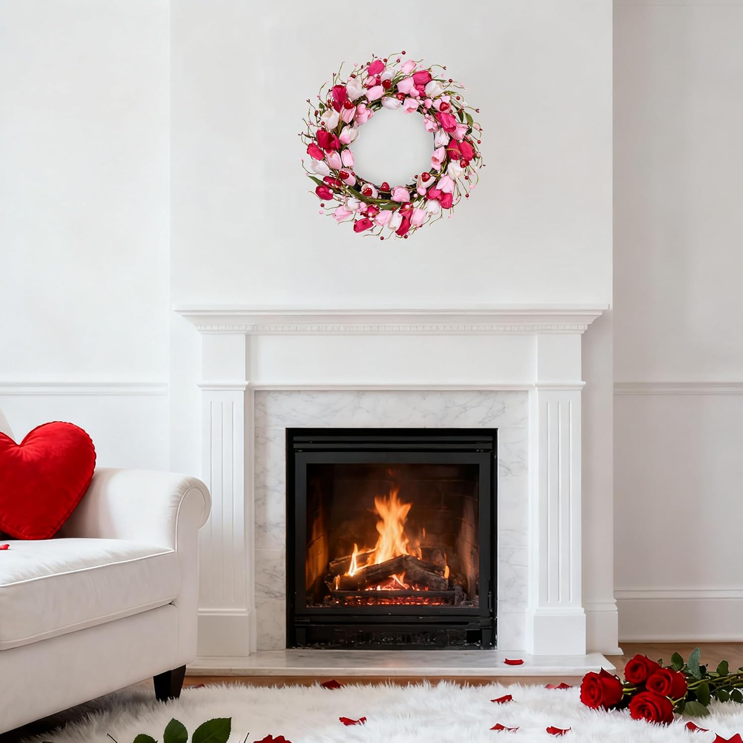 Valentines Day Decorations 20 Inch Valentine's Day Wreath Pink Valentine Wreaths for Front Door with Red Love Heart Berries Pink Tulips Wedding Anniversary Decor - Image 8