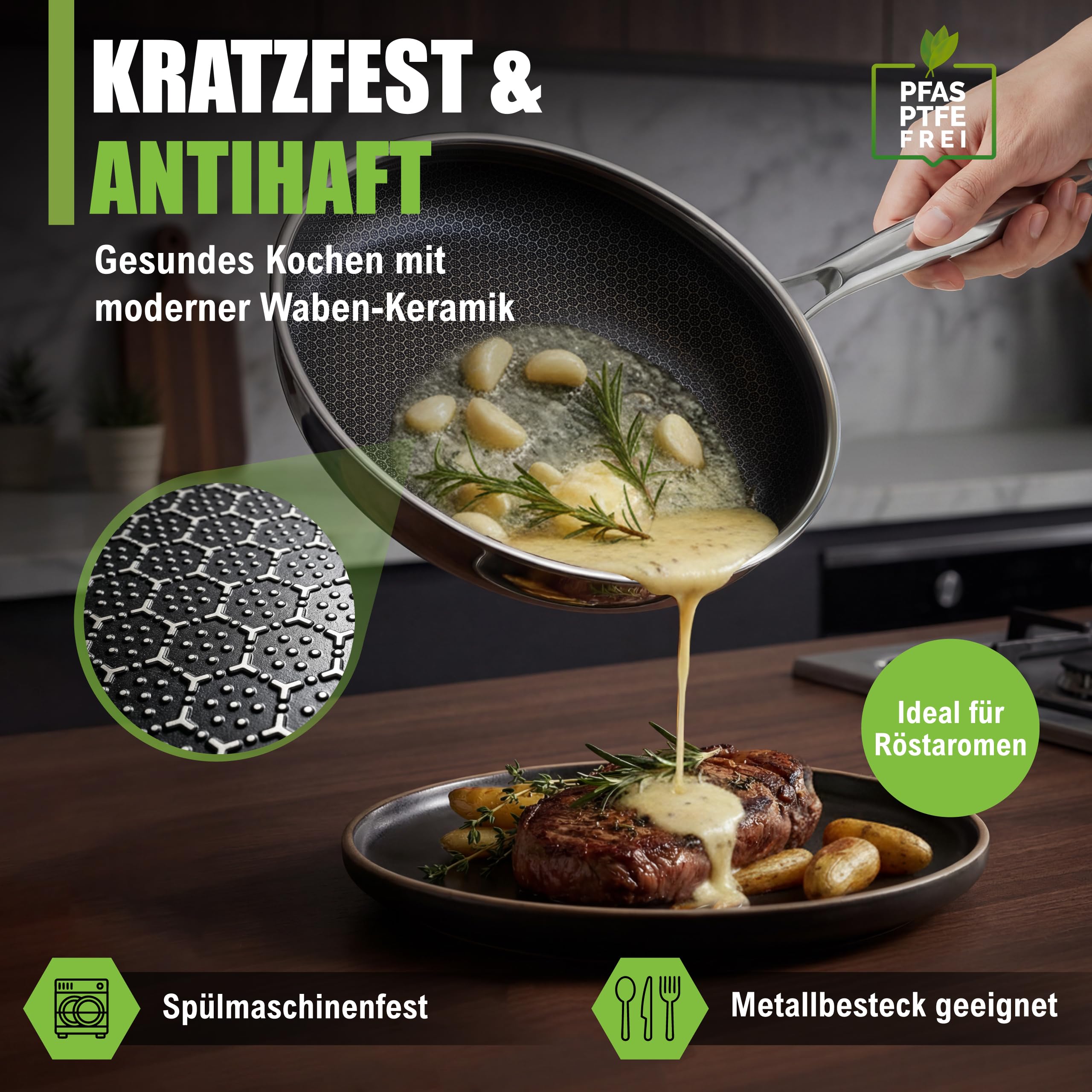 Kratzfeste Wabenpfanne 28cm | Keramik Edelstahl Mix | PFAS & PTFE Frei| 5-Schicht - 3mm -1,35 kg | Premium Bratpfanne für Induktion | Backofenfest & Spülmaschinenfest