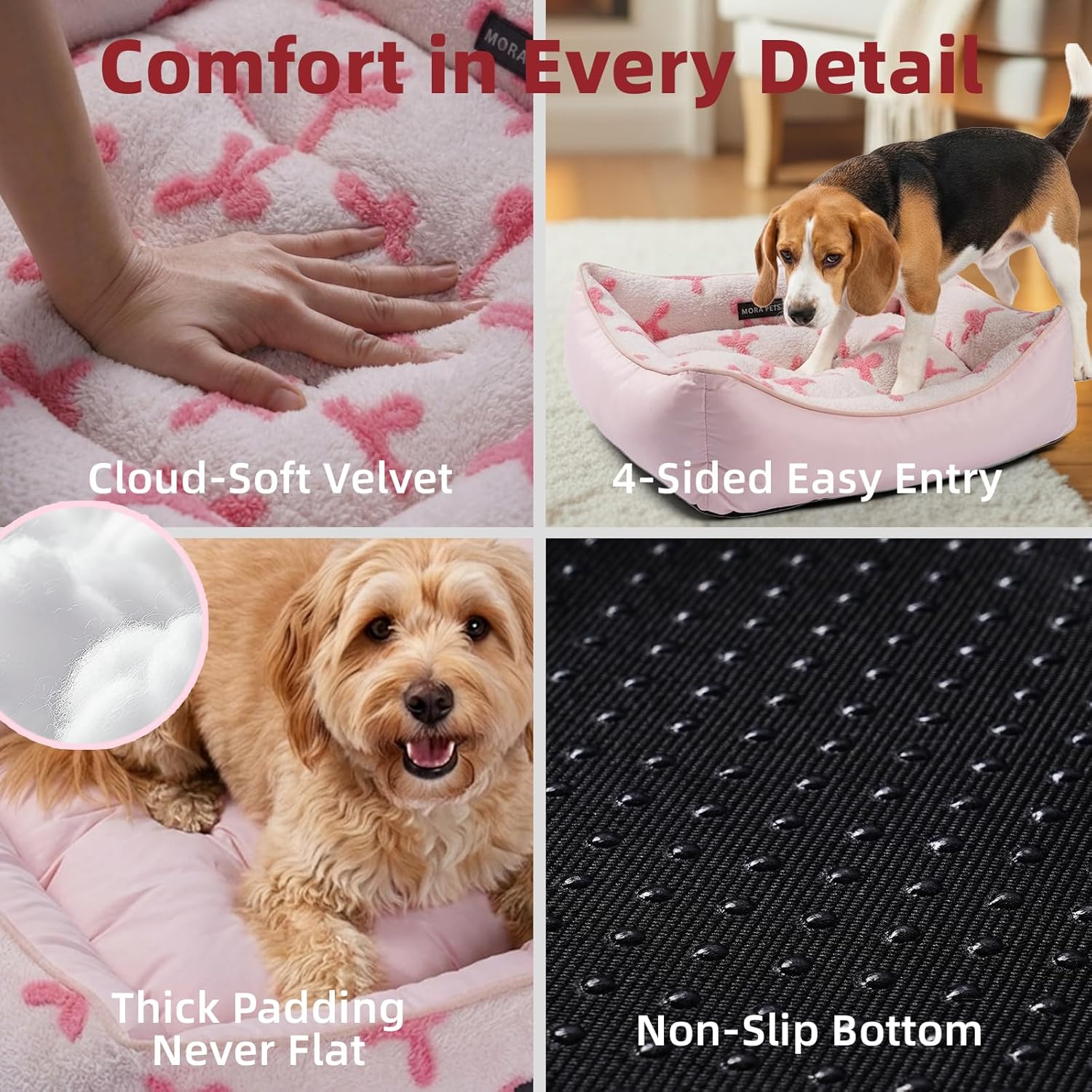 Mora Pets Reversible Cat Bed for Indoor Cats and Small Dogs Washable - Cool & Warm 2-in-1 Anti Anxiety Calming Pet Bed for Summer, Rectangle Puppy Bed with Cute Pink Bow (20″x19″x6″)