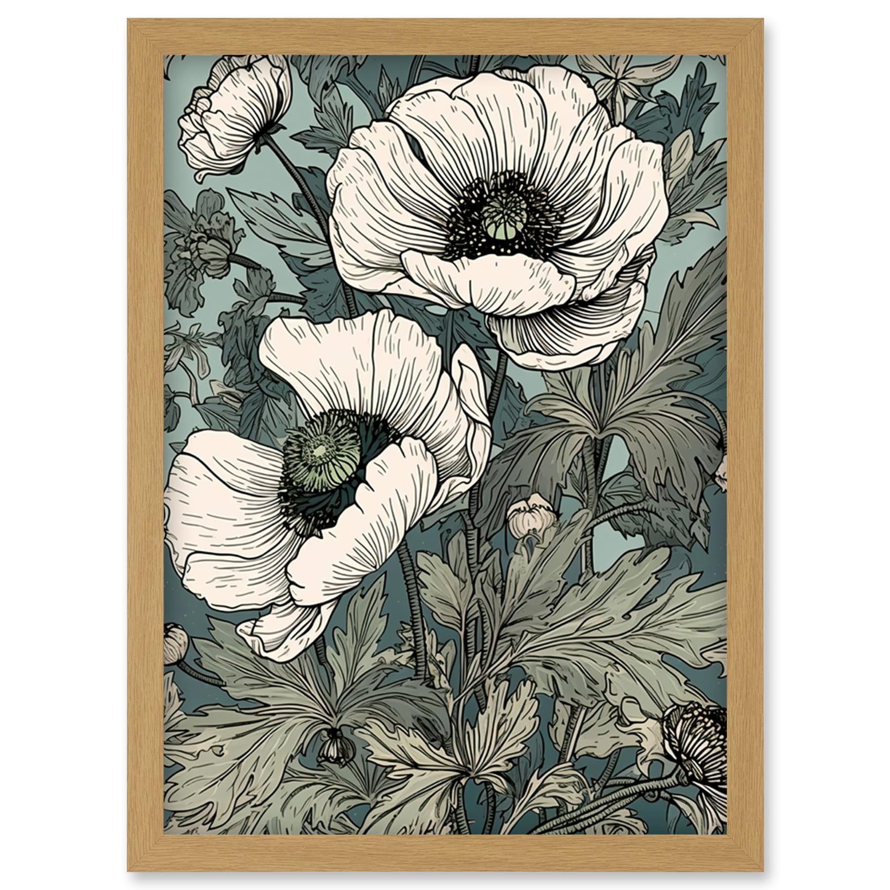 Artery8 Pastel Colour White Anemone Flower Bloom Field Artwork Framed Wall Art Print A4